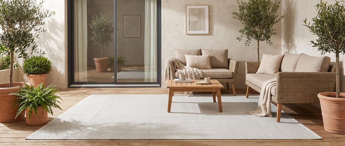 Un tissage structuré ivoire compose ce tapis d'extérieur rectangulaire sur une terrasse en bois ensoleillée