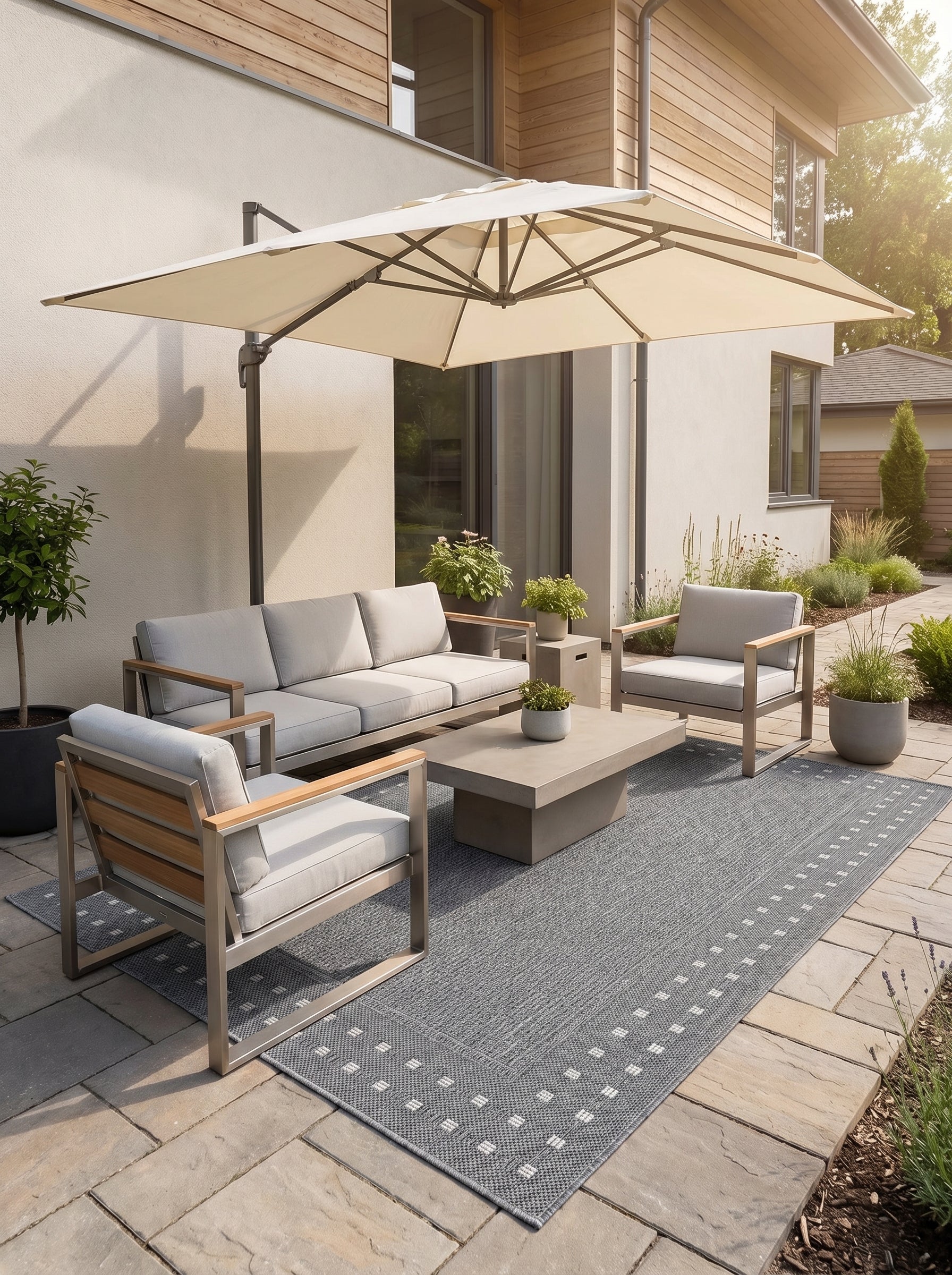Tapis rectangulaire gris à texture tissée, orné d'une bordure de petits groupes de carrés blancs, sur une terrasse