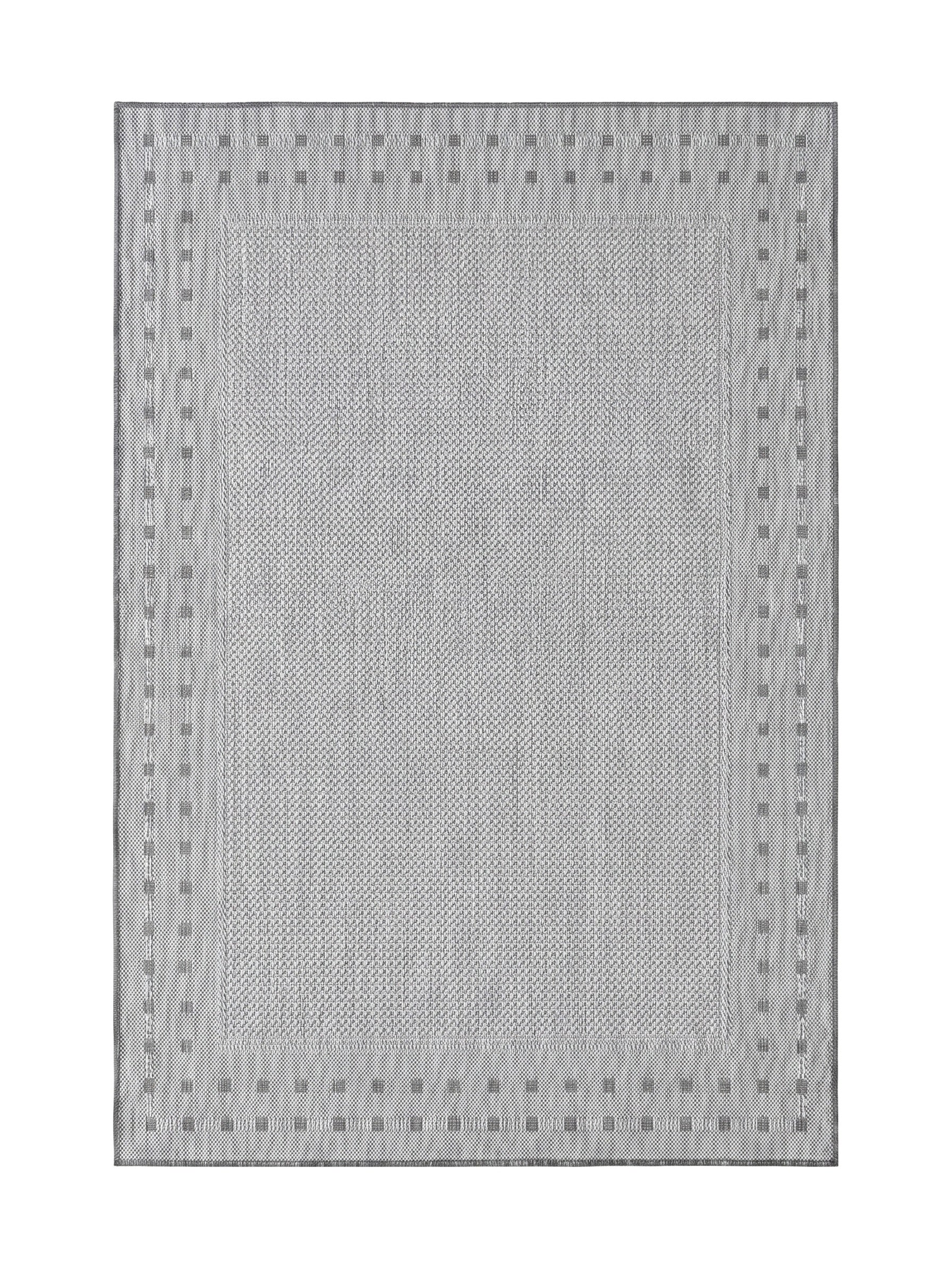 Tapis rectangulaire gris clair avec un motif central tissé discret et une bordure de carrés gris foncés