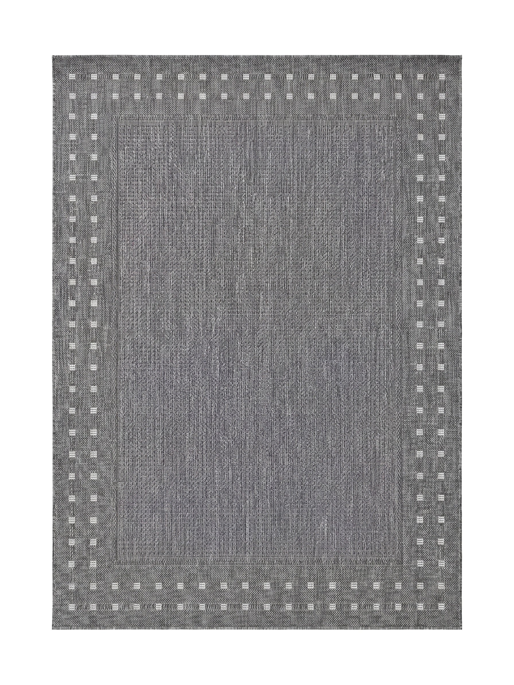 Tapis rectangulaire gris anthracite à la texture tissée, bordé d'un motif de petits carrés blancs en pointillés