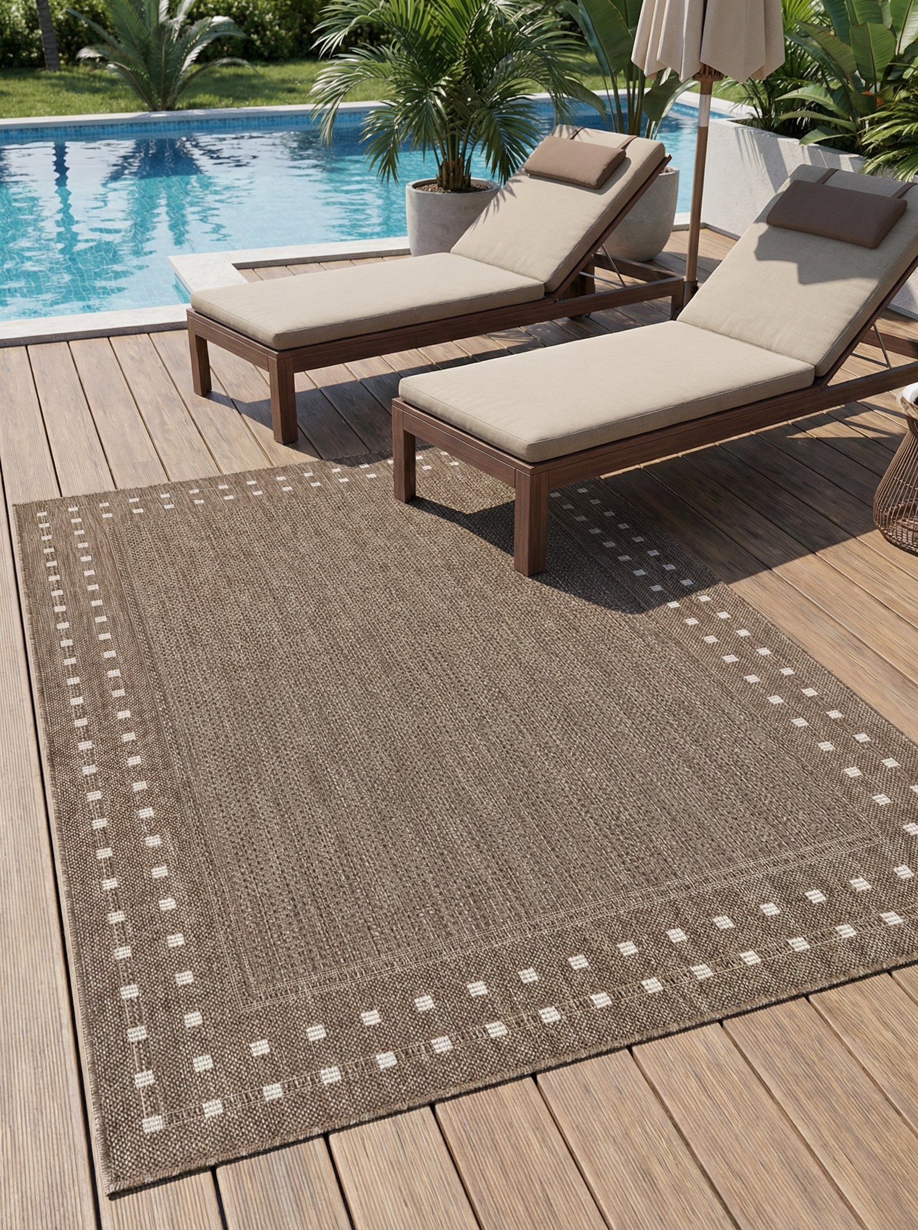 Tapis rectangulaire tissé marron avec un motif de petits carrés clairs en bordure, posé sur une terrasse en bois près d'une piscine