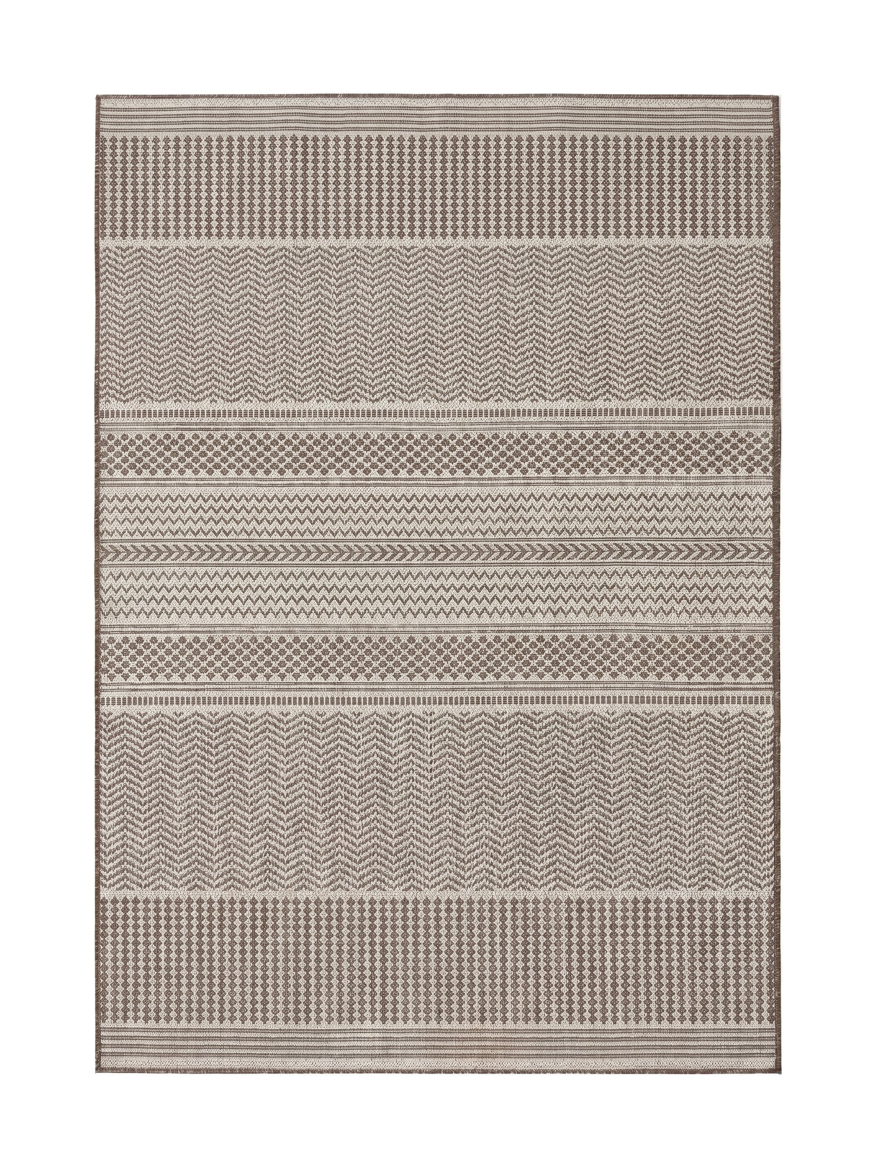 Tapis rectangulaire tissé beige et marron, orné de motifs géométriques variés en bandes horizontales