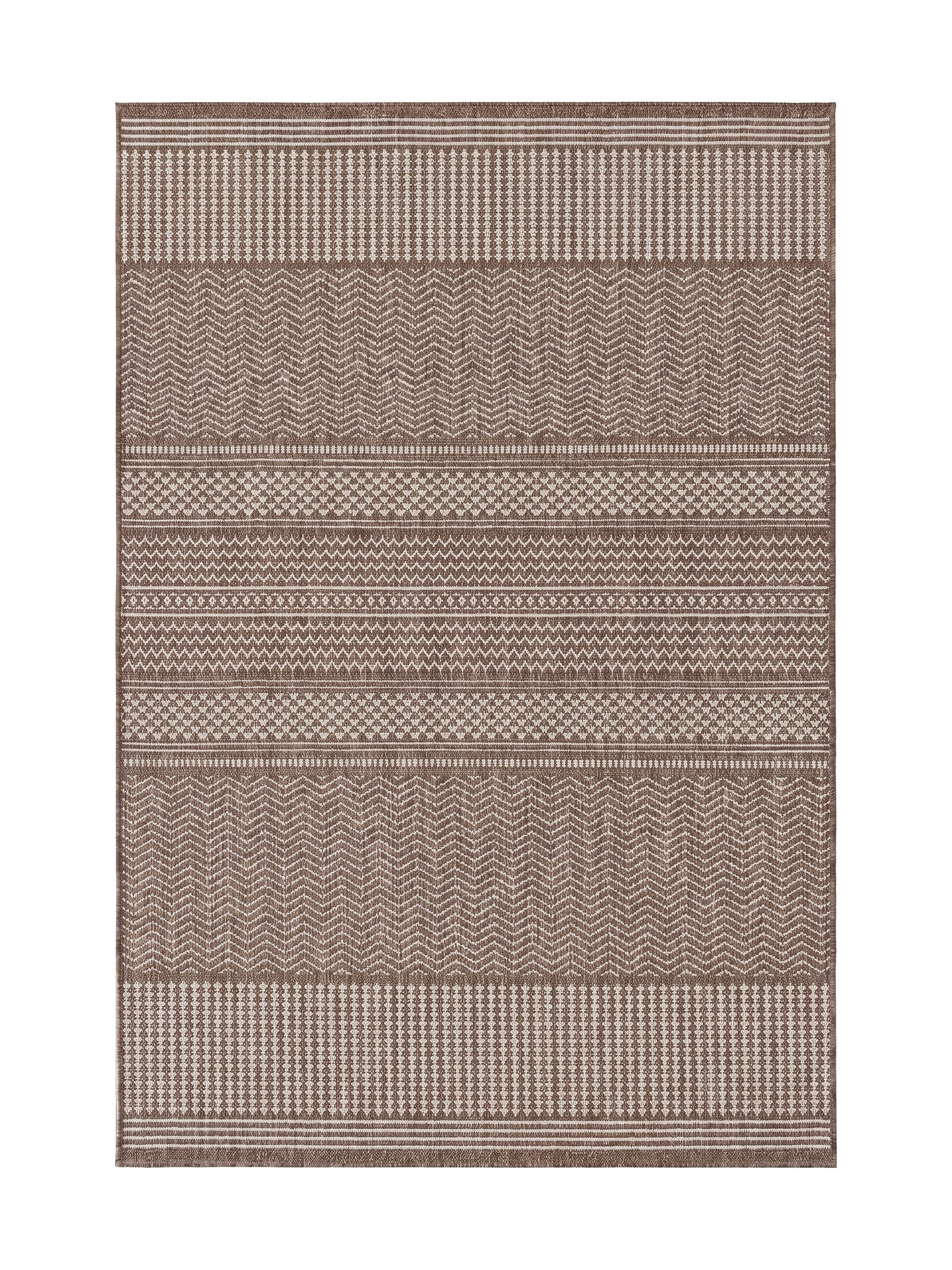 Tapis rectangulaire tissé, alternant des motifs géométriques de rayures, chevrons et carreaux, en brun et blanc cassé