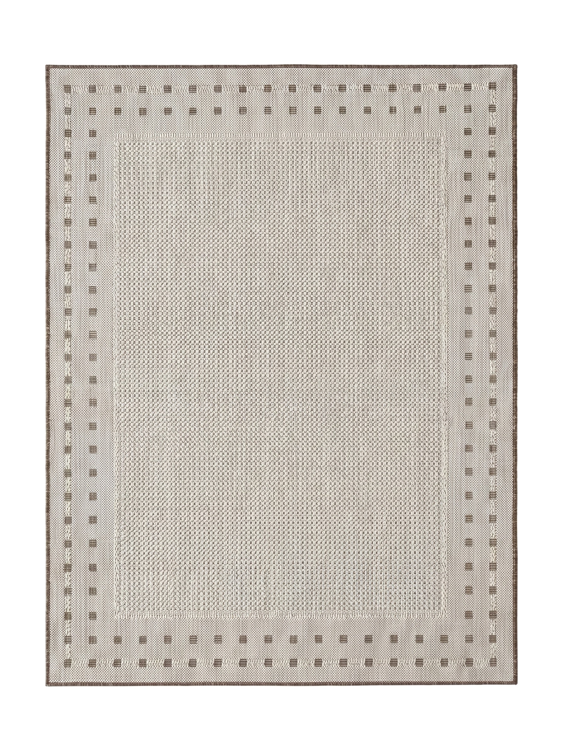 Tapis rectangulaire beige clair tissé, avec une large bordure ornée de petits carrés marron foncé et d'un liseré extérieur assorti