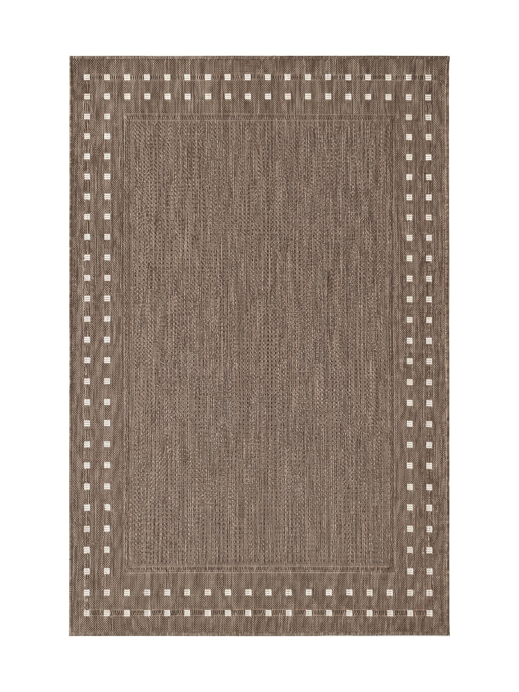 Tapis rectangulaire tissé marron et beige avec une bordure à motifs de petits carrés blancs