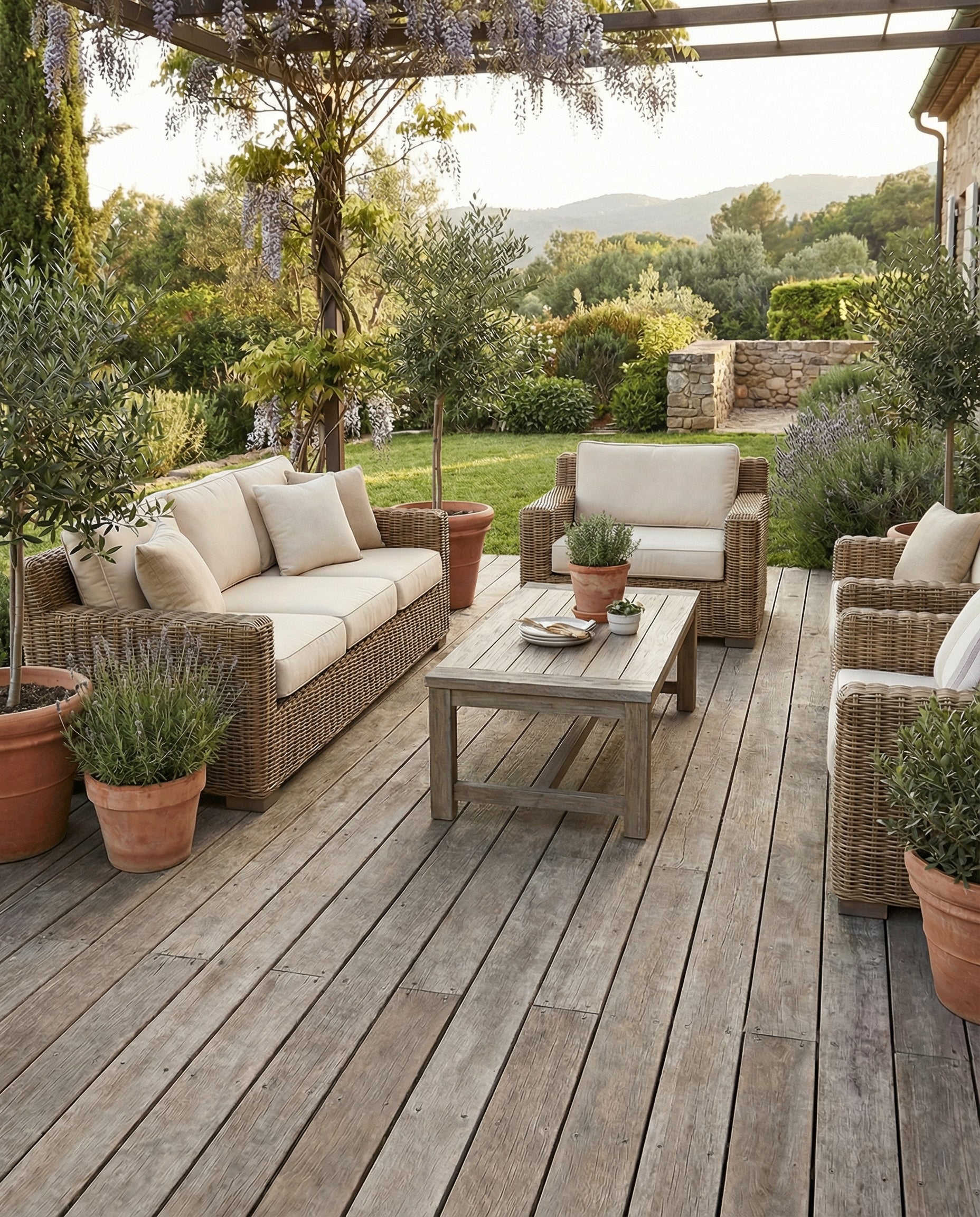 Terrasse en bois, mobilier de jardin en osier beige, coussins clairs, pots en terre cuite, ambiance chaleureuse, espace à