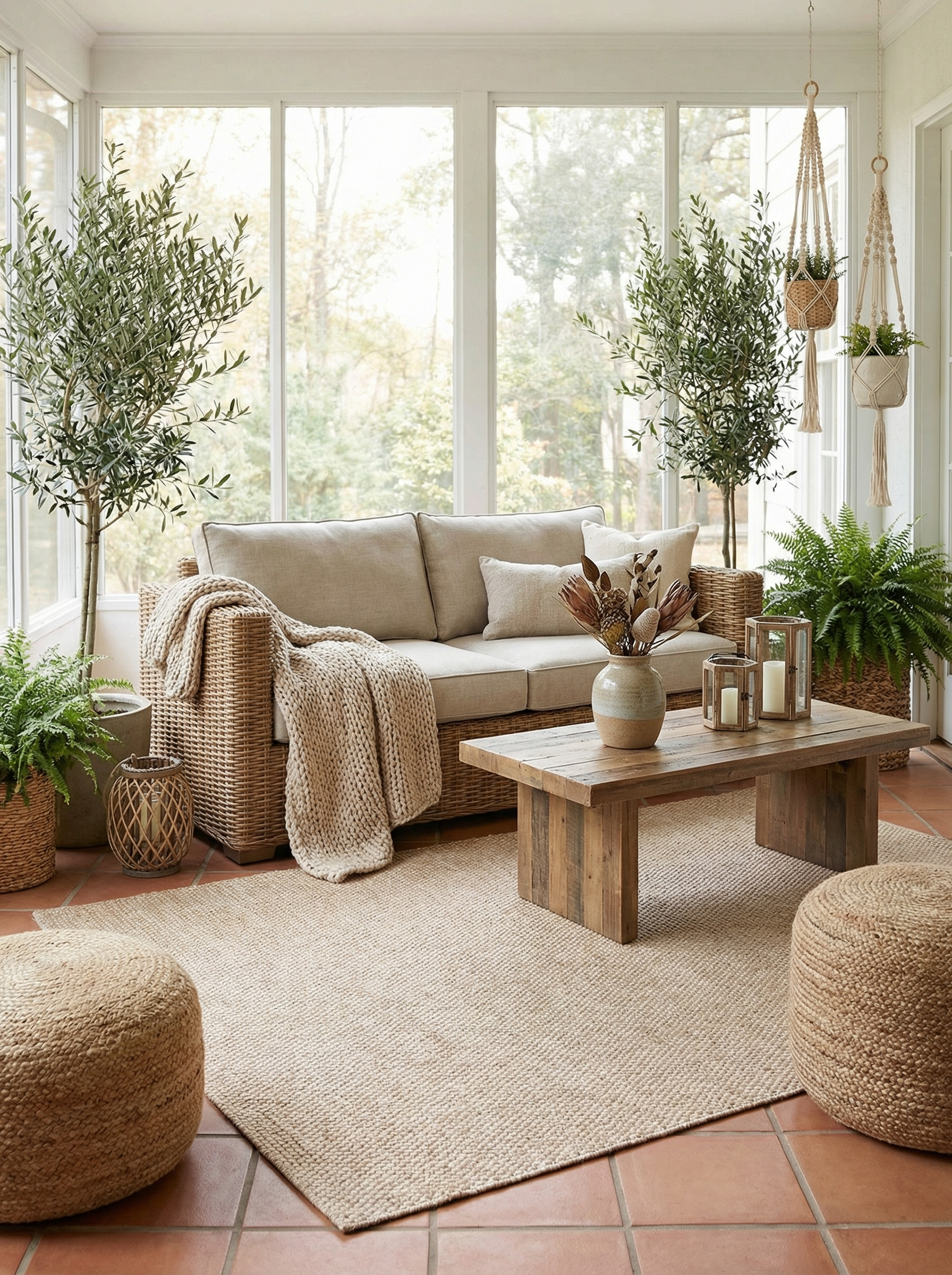 Tapis rectangulaire beige dans une véranda lumineuse, ambiance chaleureuse. Transition douce intérieur-extérieur