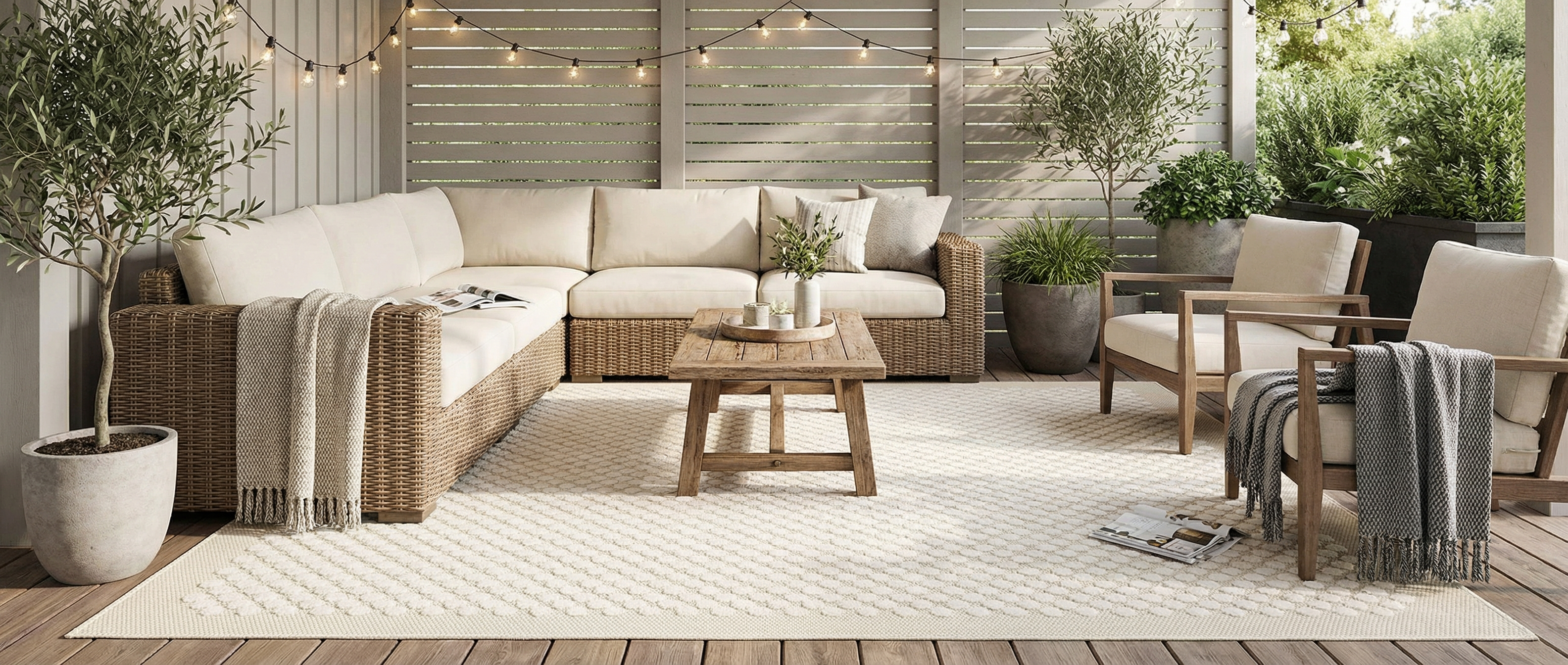 Le tapis beige rectangulaire transforme la pièce. Il crée une harmonie avec l'ambiance chaleureuse