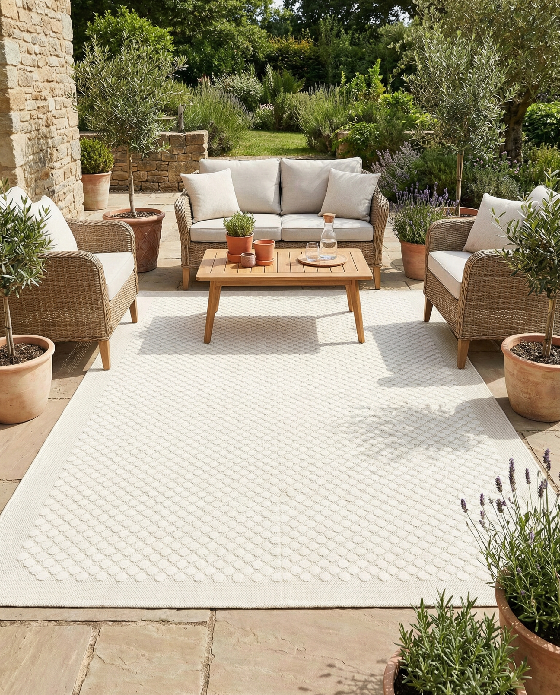 Tapis beige rectangulaire, ambiance chaleureuse. Il illumine la pièce et définit l'espace extérieur