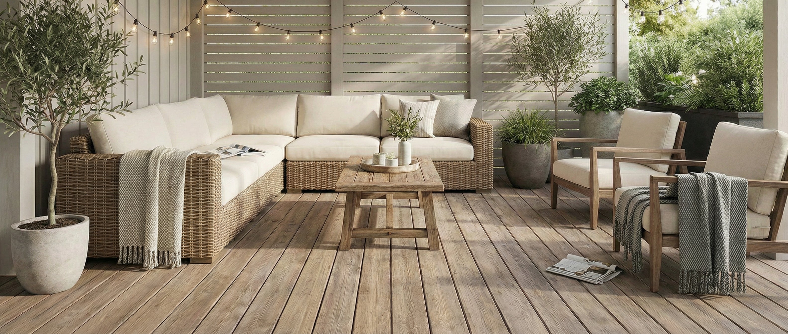 Terrasse en bois avec canapé beige, fauteuils et table basse. Espace vide pour un tapis rectangulaire, ambiance chaleureuse