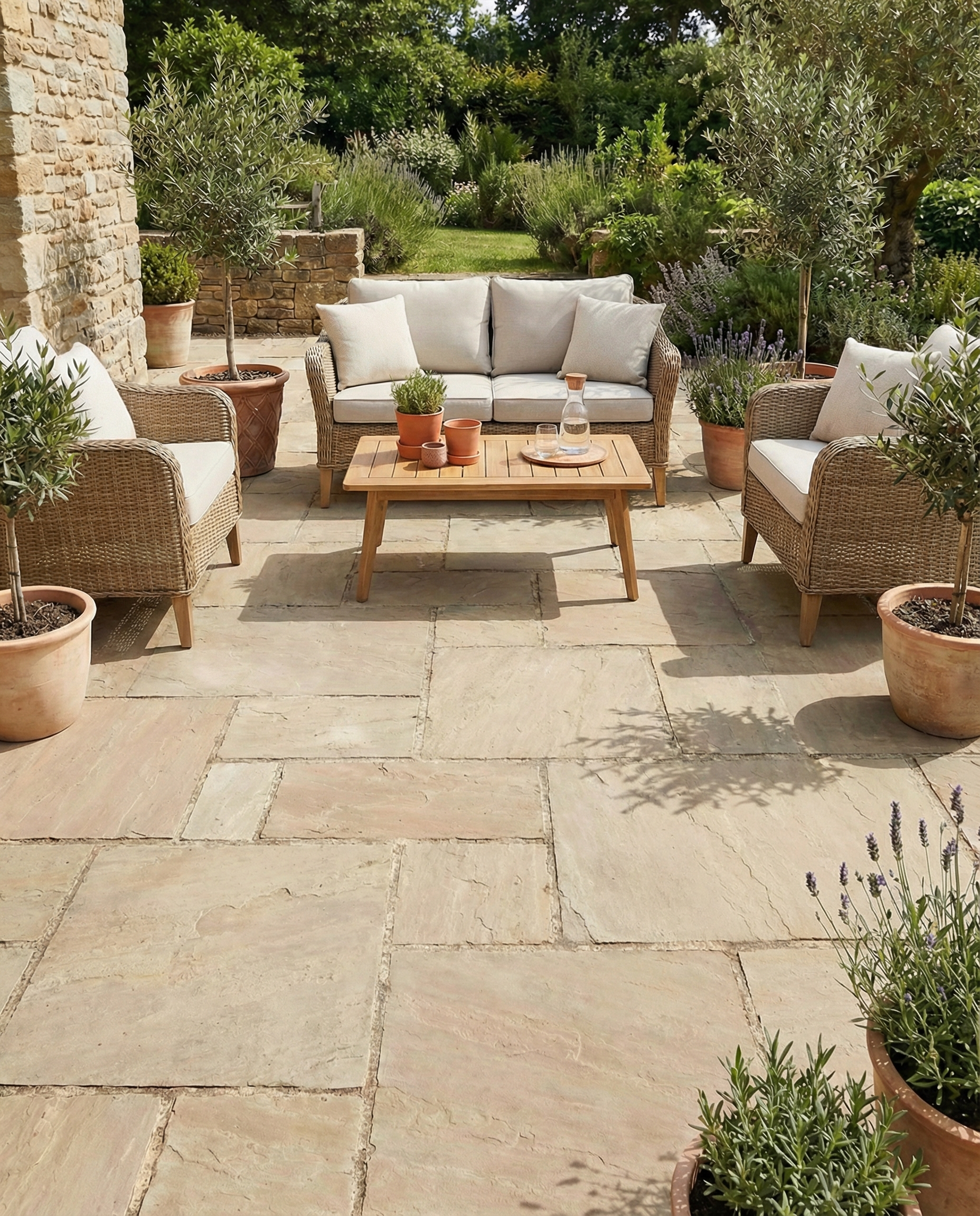 Terrasse en pierre beige avec mobilier de jardin, ambiance ensoleillée, espace à transformer