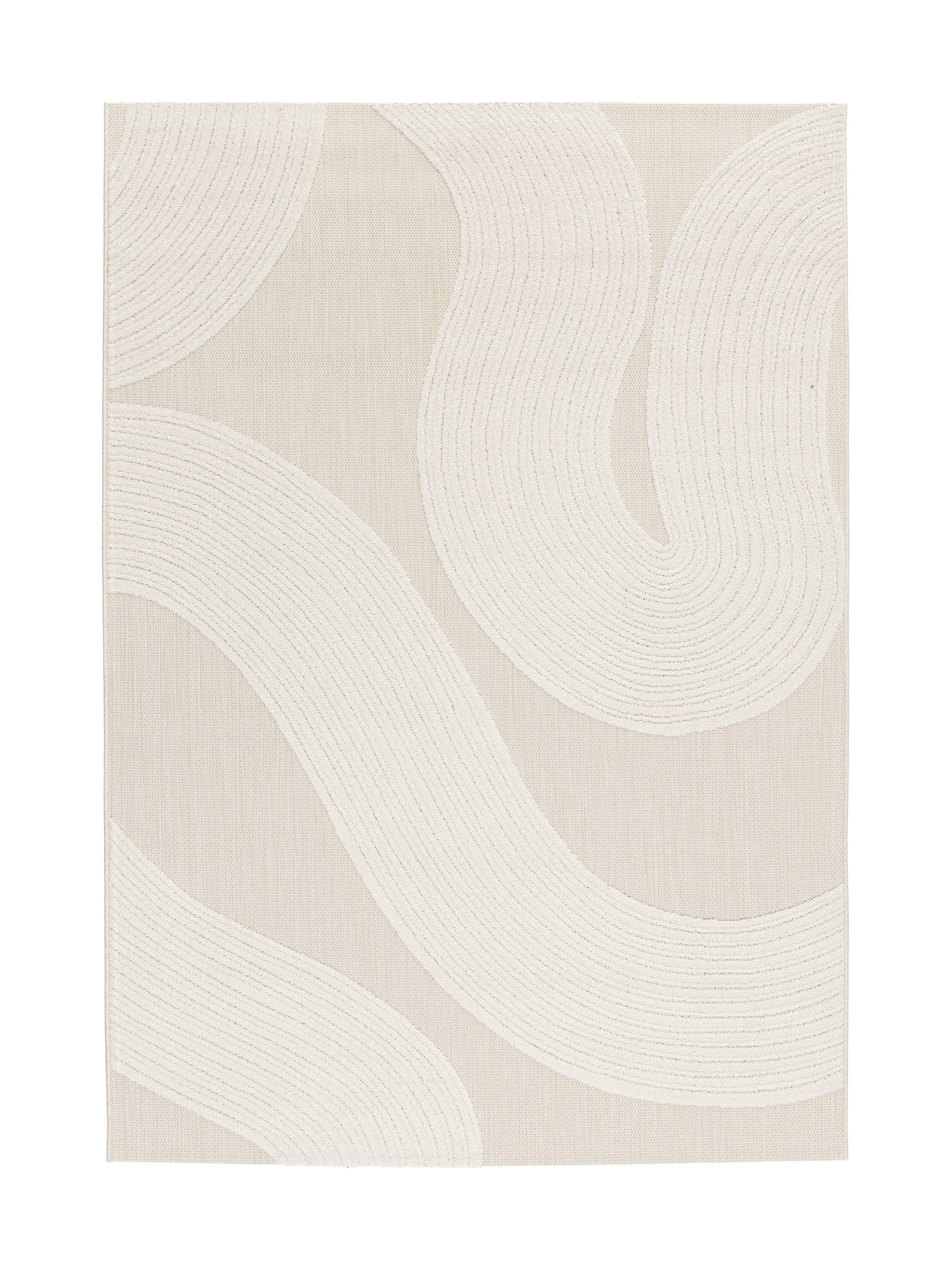 Tapis rectangulaire beige et crème avec motif abstrait de lignes courbes, style moderne