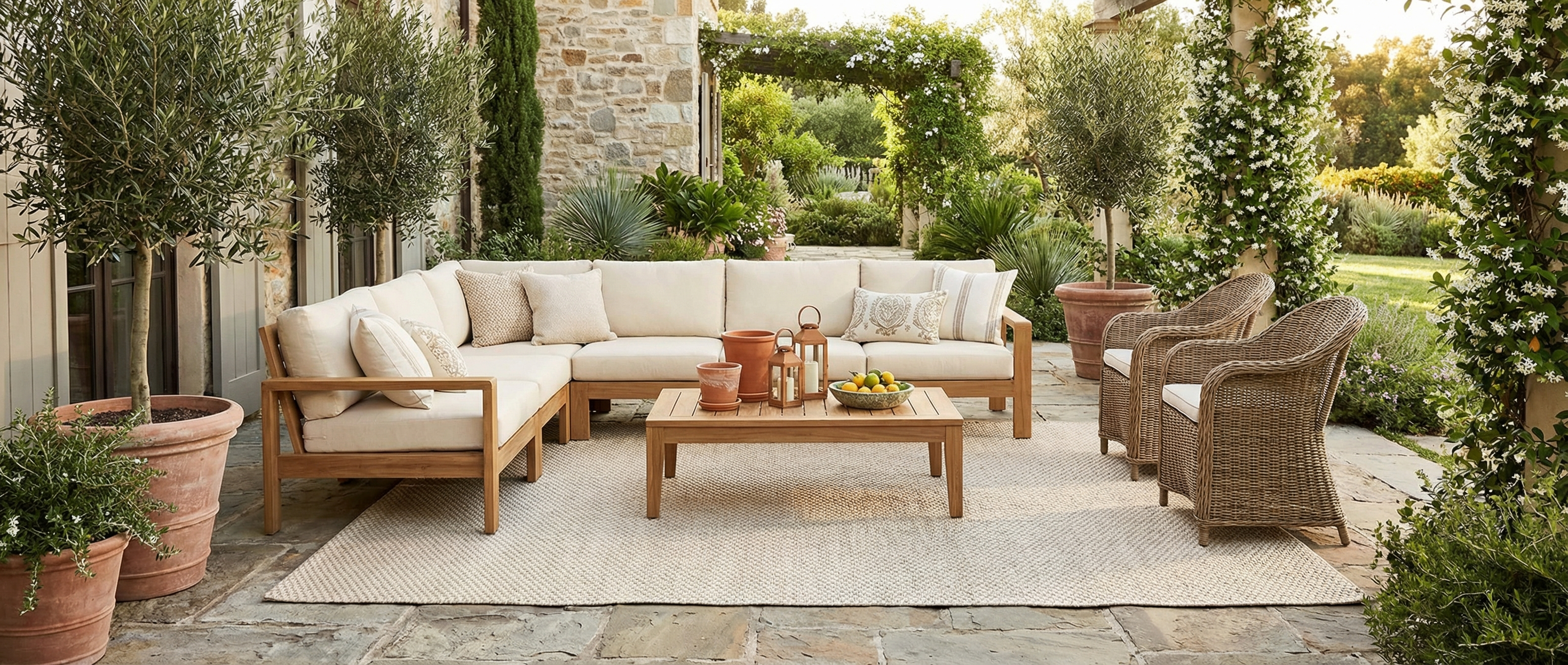 Le tapis beige rectangulaire transforme la pièce. Il crée une harmonie avec l'ambiance naturelle