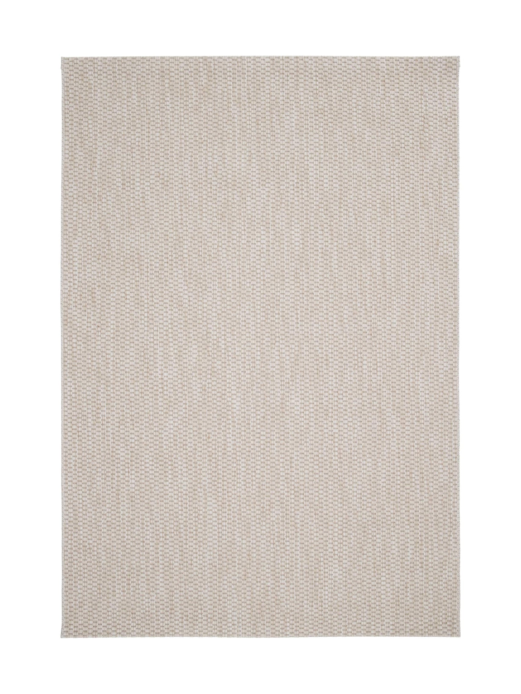 Tapis rectangulaire beige clair avec motif tissé. Ambiance neutre et simple