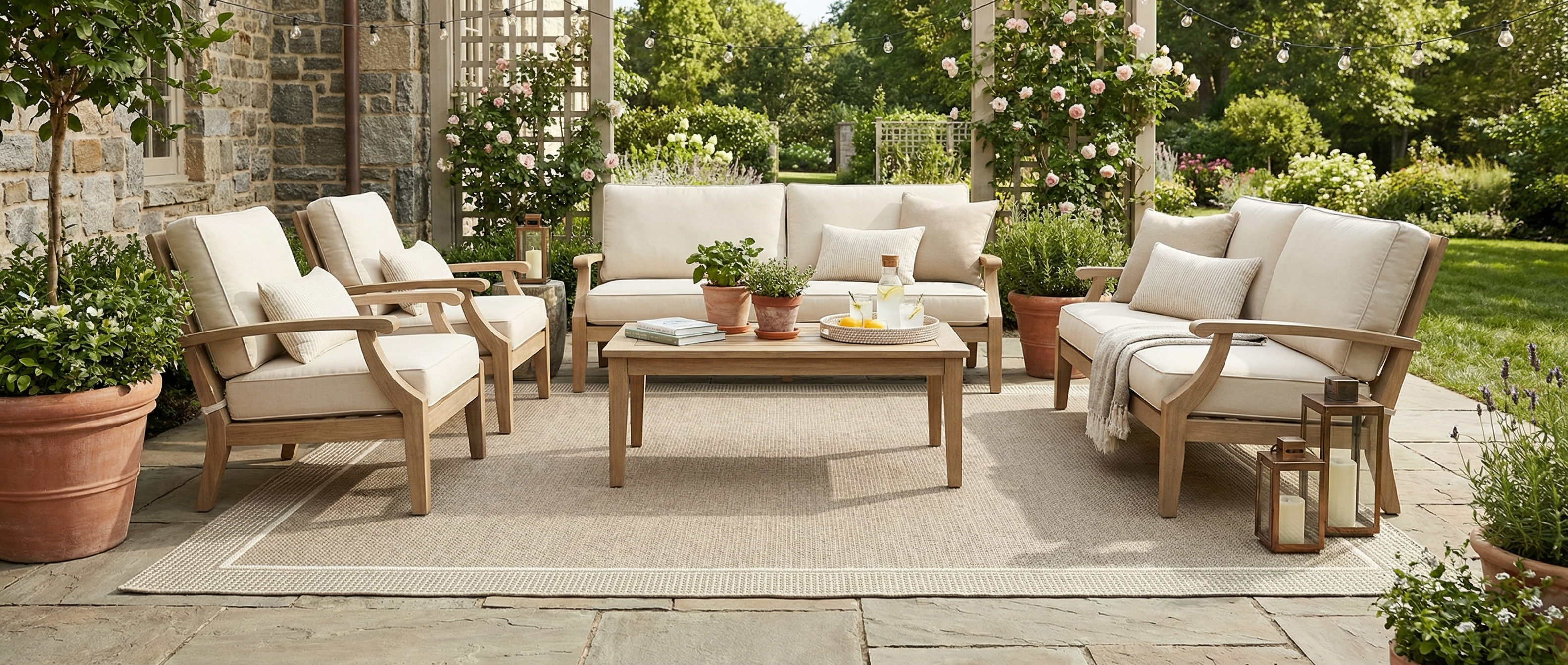 Le tapis rectangulaire beige transforme la pièce, créant une harmonie avec les couleurs sable et l'ambiance extérieure