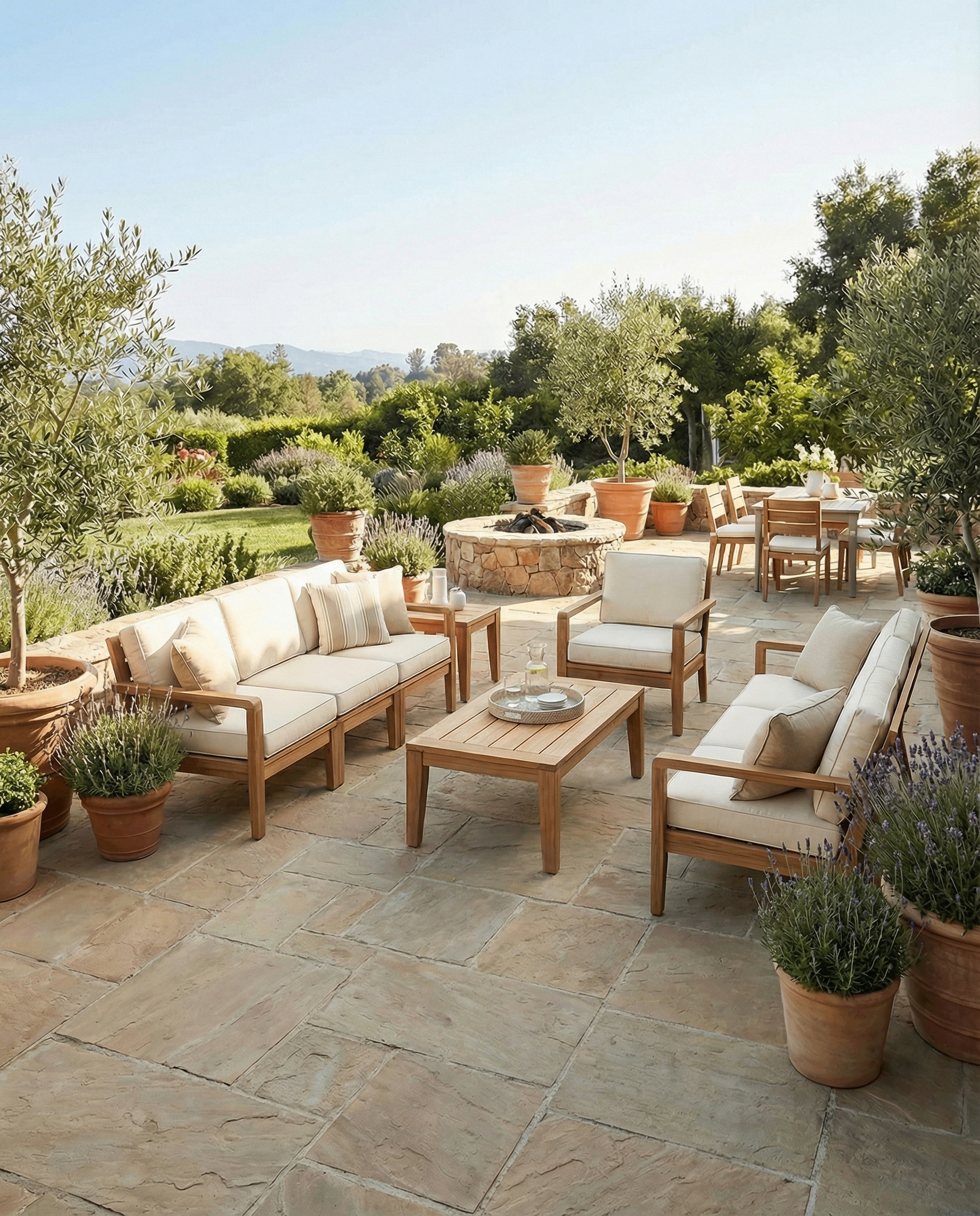 Terrasse extérieure avec mobilier en bois clair, ambiance ensoleillée, pavés beiges et sable, espace à transformer