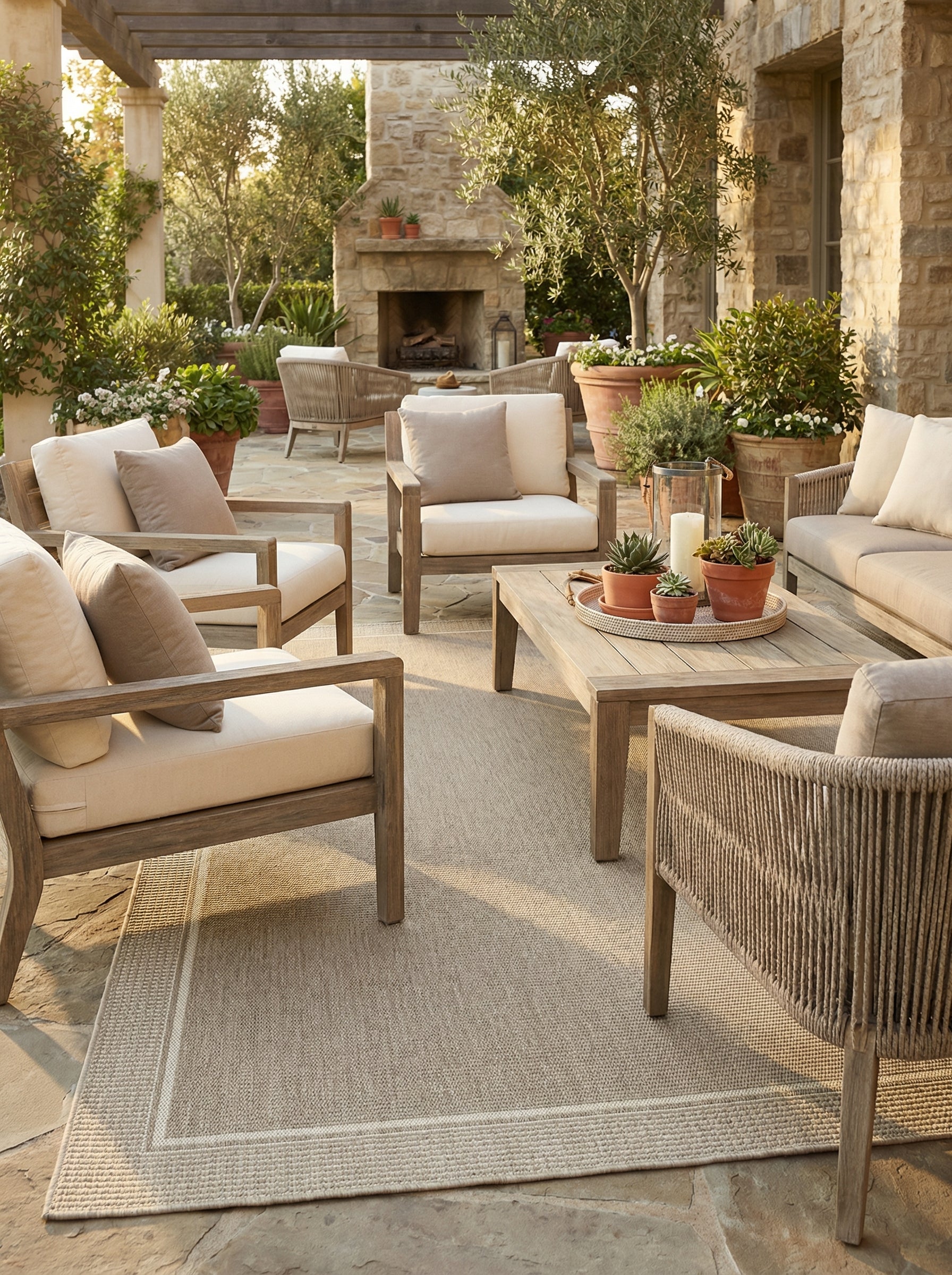 Tapis rectangulaire beige et sable, style déco naturel. Crée une ambiance chaleureuse et relaxante pour l'extérieur