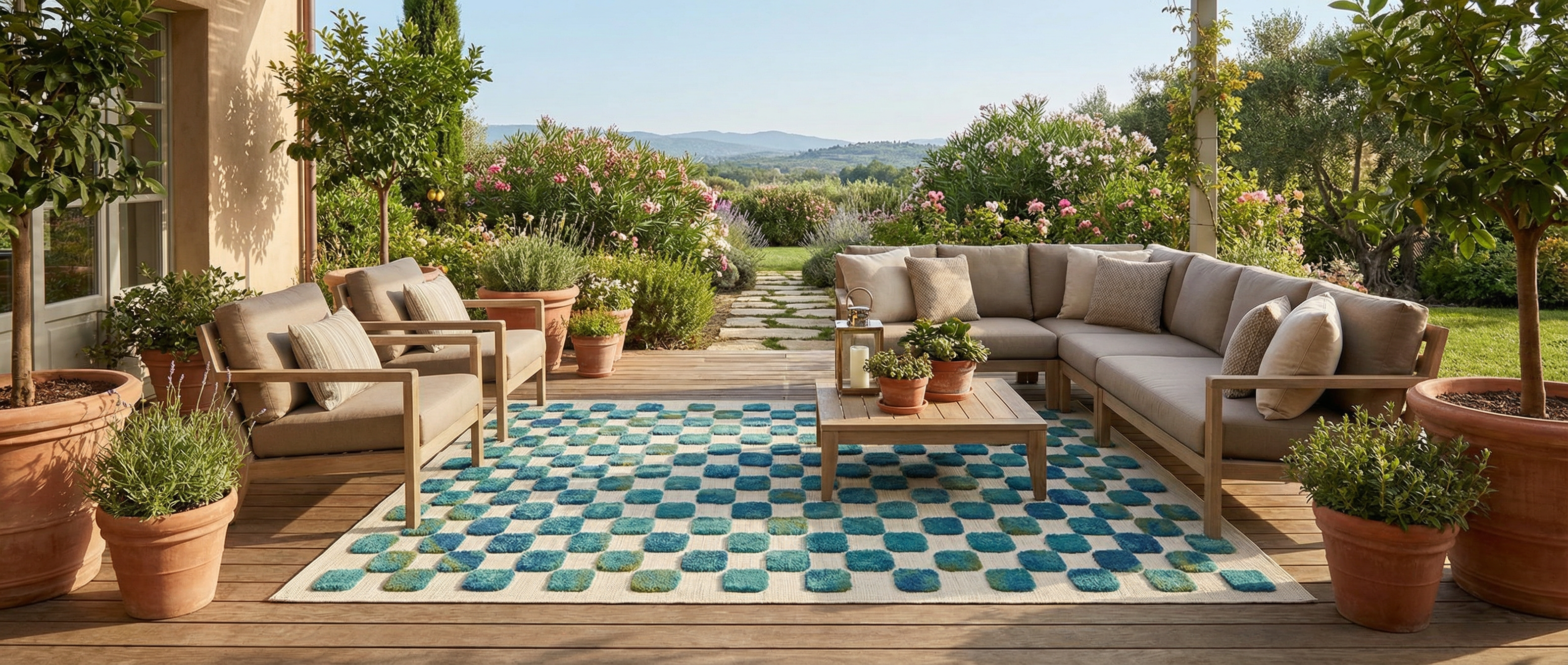 Tapis rectangulaire bleu et blanc. Il transforme la pièce, créant une harmonie avec l'ambiance extérieure