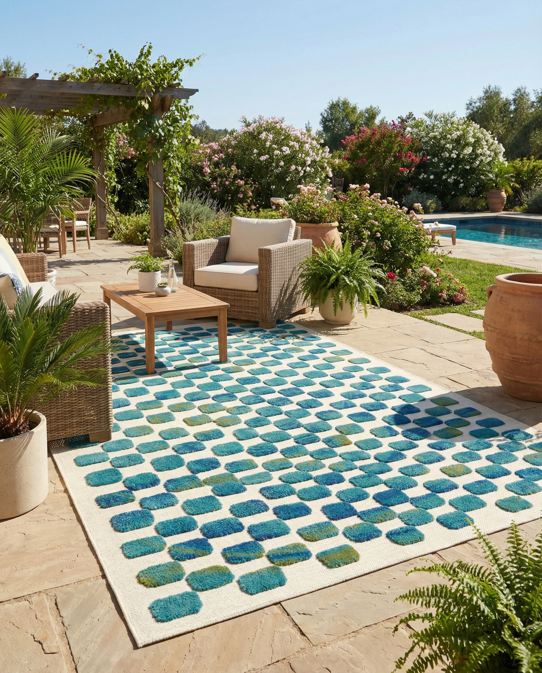 Tapis rectangulaire blanc et bleu. Il illumine la pièce et crée une ambiance estivale