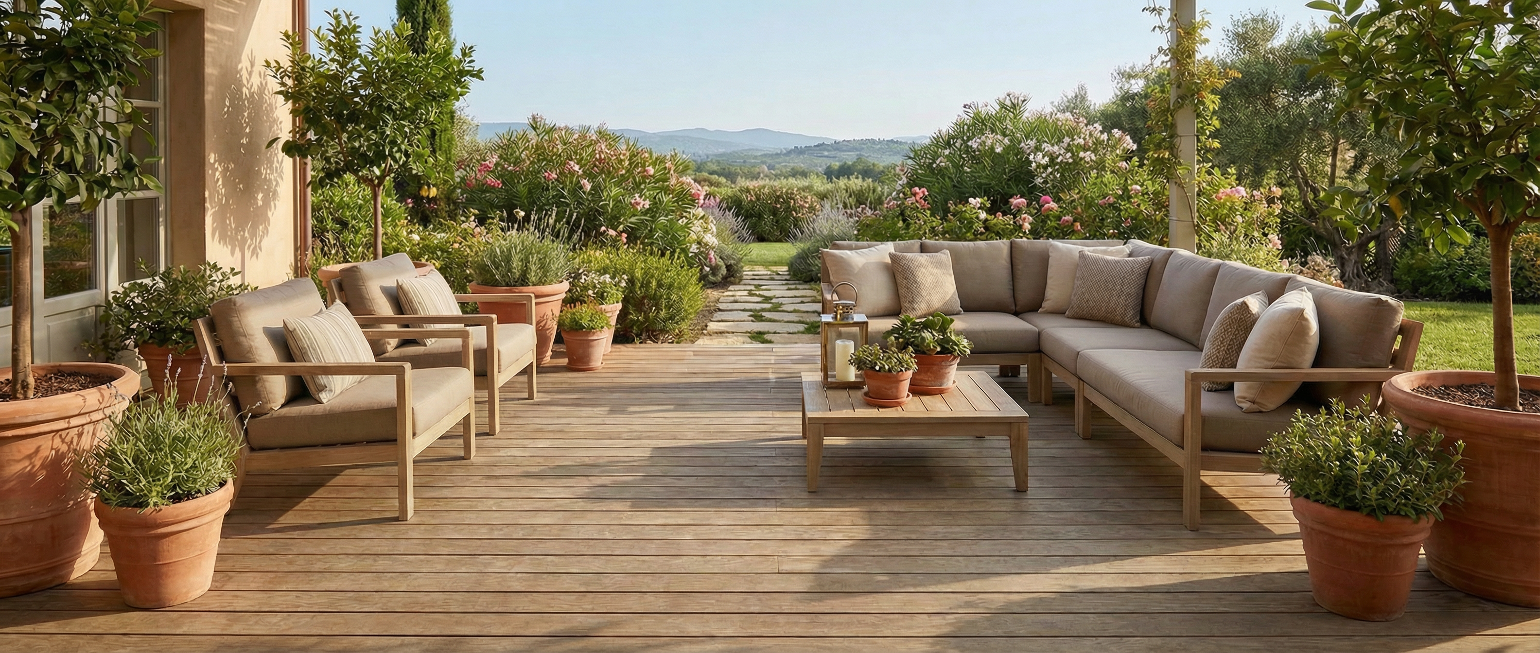 Terrasse en bois avec mobilier beige, plantes en pot, vue sur jardin et montagnes, ambiance ensoleillée, espace vide