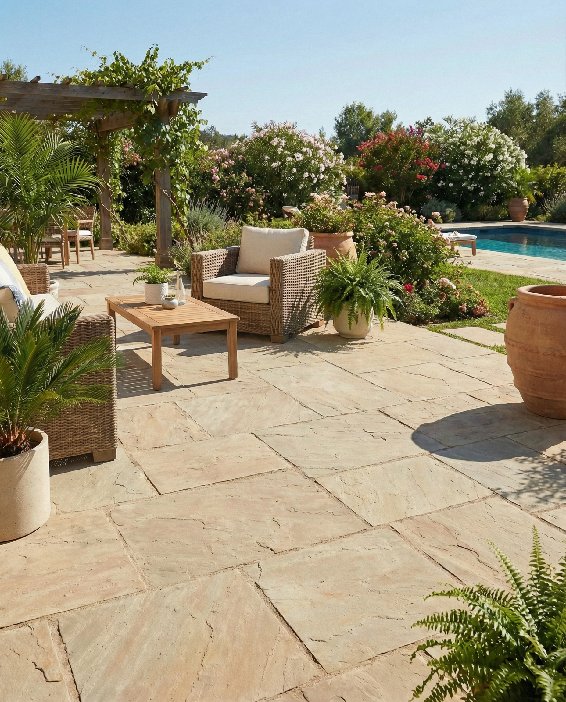 Patio extérieur en pierre beige, mobilier en osier, plantes vertes, pergola en bois, ambiance ensoleillée, espace à