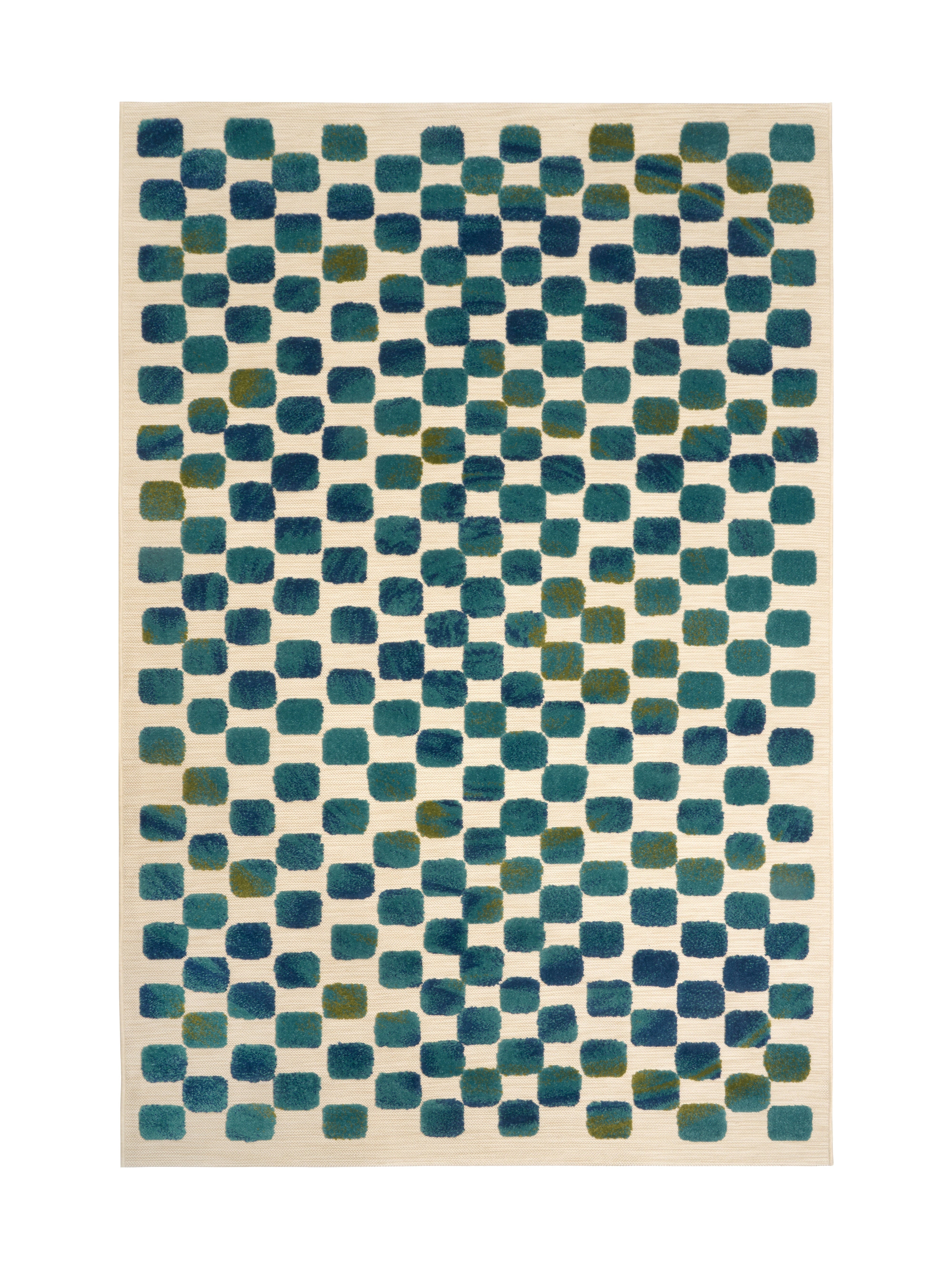 Tapis rectangulaire à motif de carreaux bleus et verts sur fond blanc, style moderne