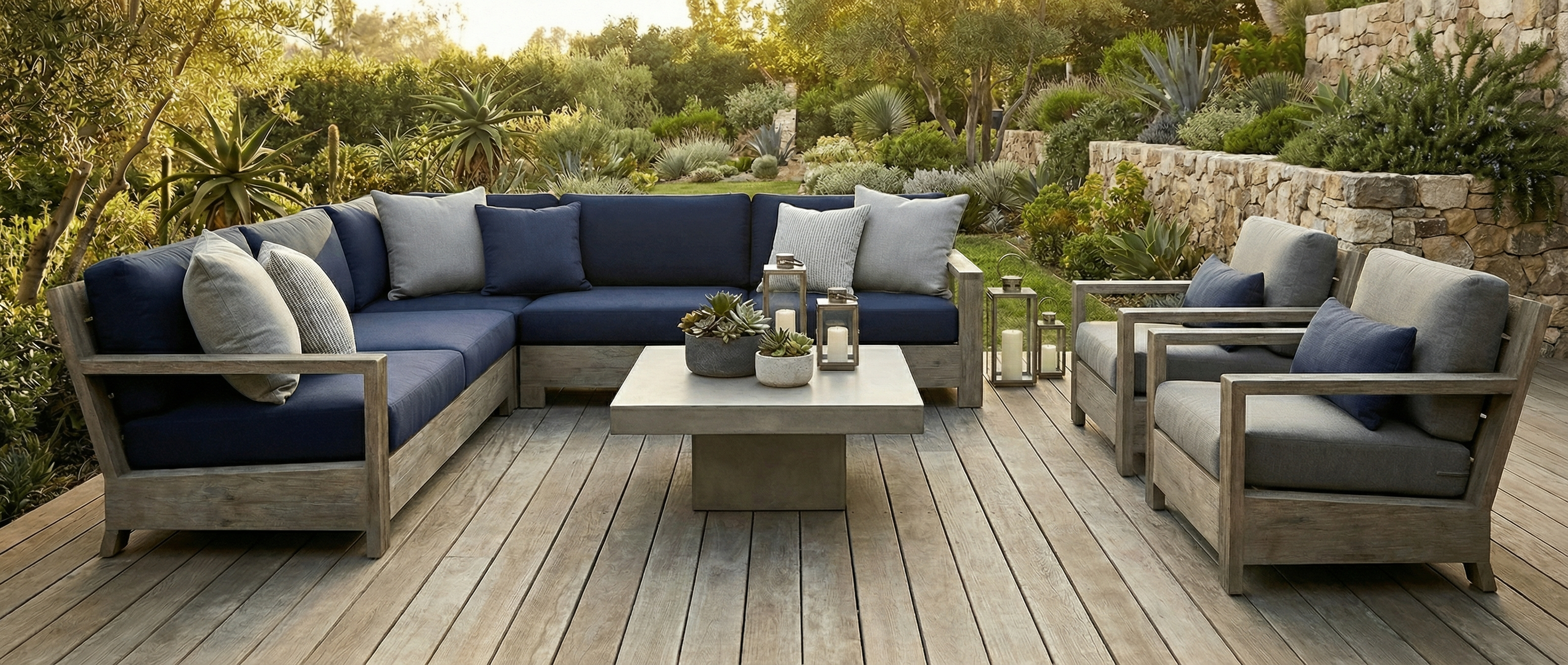Terrasse en bois avec mobilier gris et bleu, ambiance relaxante. Espace vide pour tapis rectangulaire. Potentiel déco