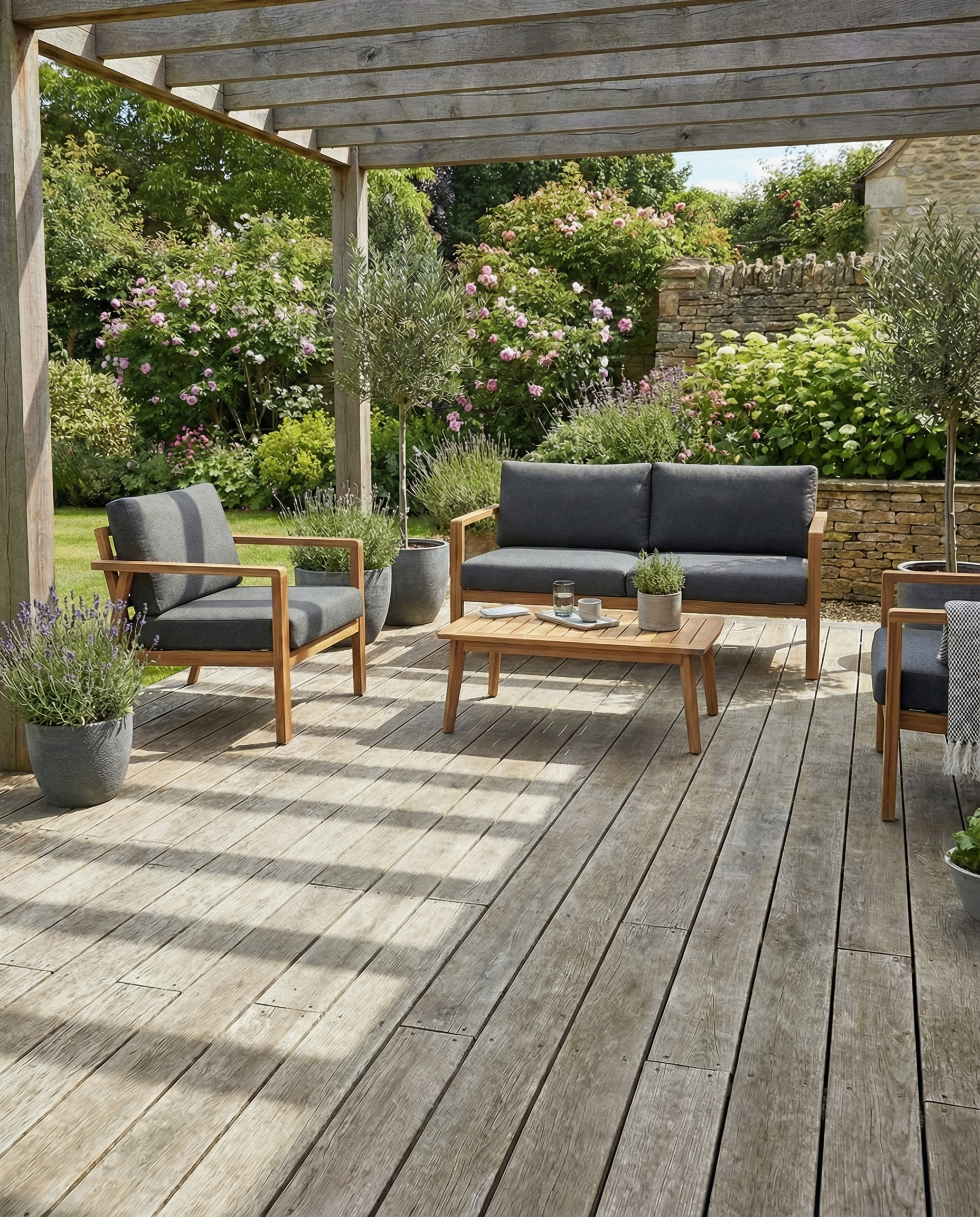 Terrasse en bois avec mobilier de jardin gris et table basse en bois, sous une pergola en bois, ambiance estivale