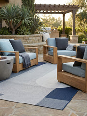 Tapis rectangulaire gris et bleu, rayures et motifs géométriques, style déco moderne, ambiance zen