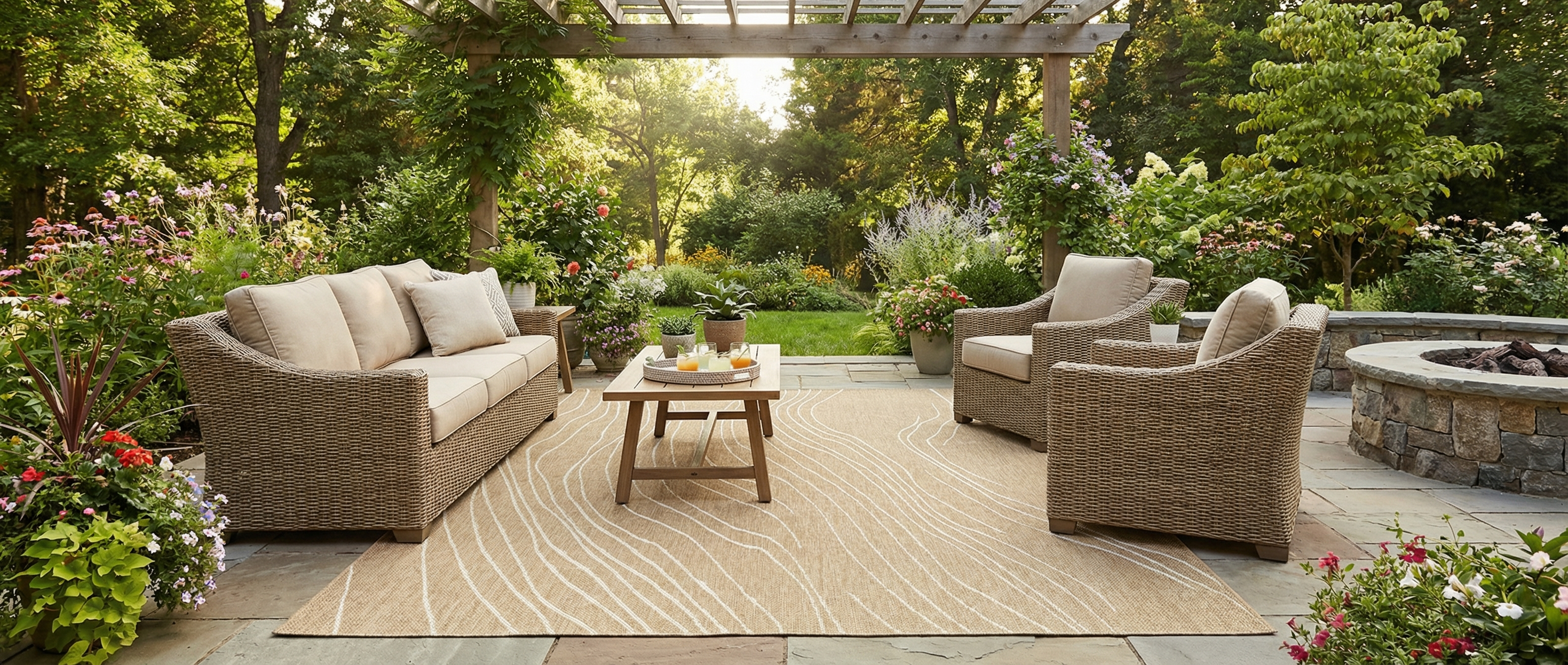 Un tapis rectangulaire beige clair crée une harmonie dans cette pièce extérieure. L'ambiance est chaleureuse et naturelle