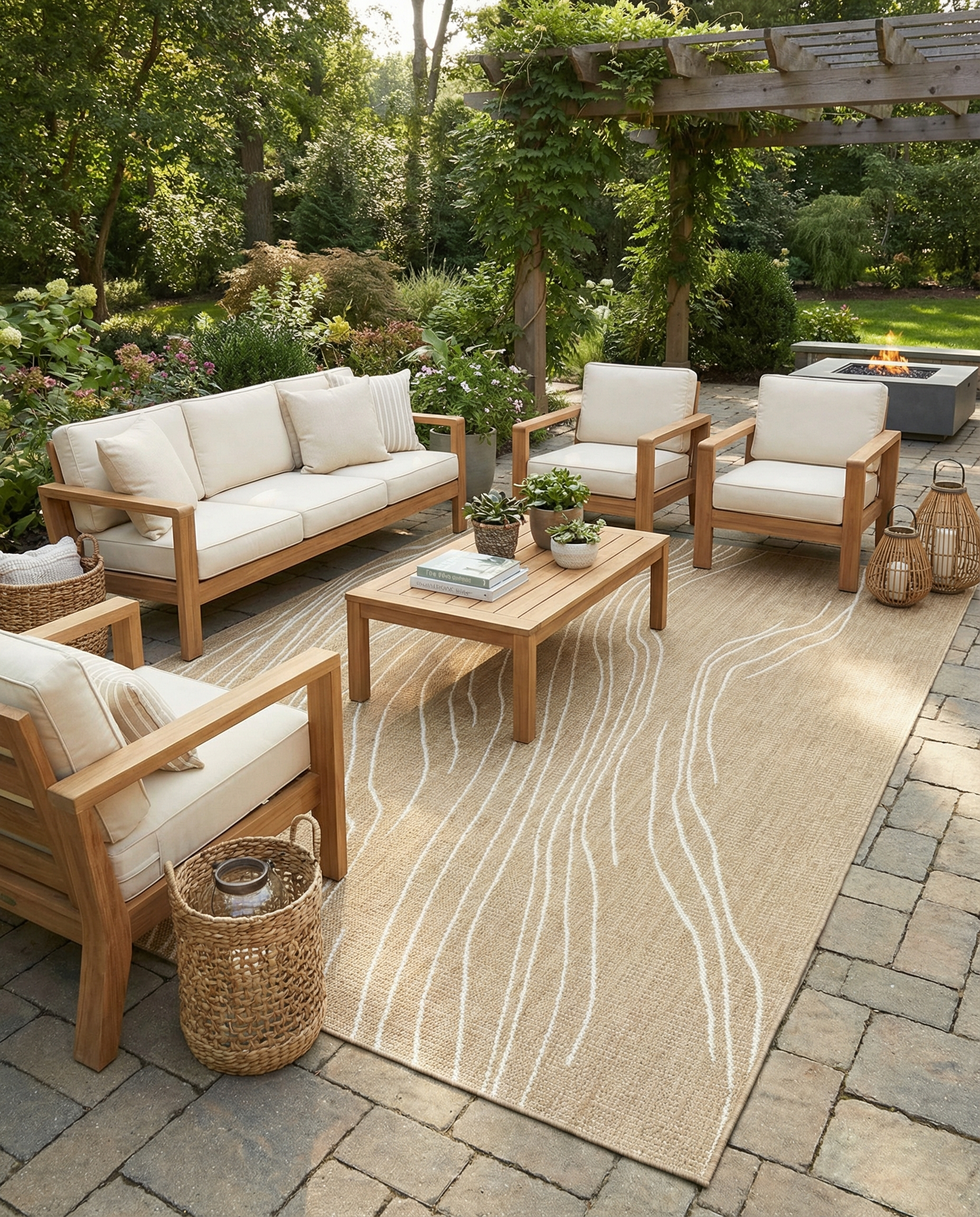 Tapis rectangulaire beige avec motif blanc ondulé. Ambiance chaleureuse dans la pièce grâce au tapis