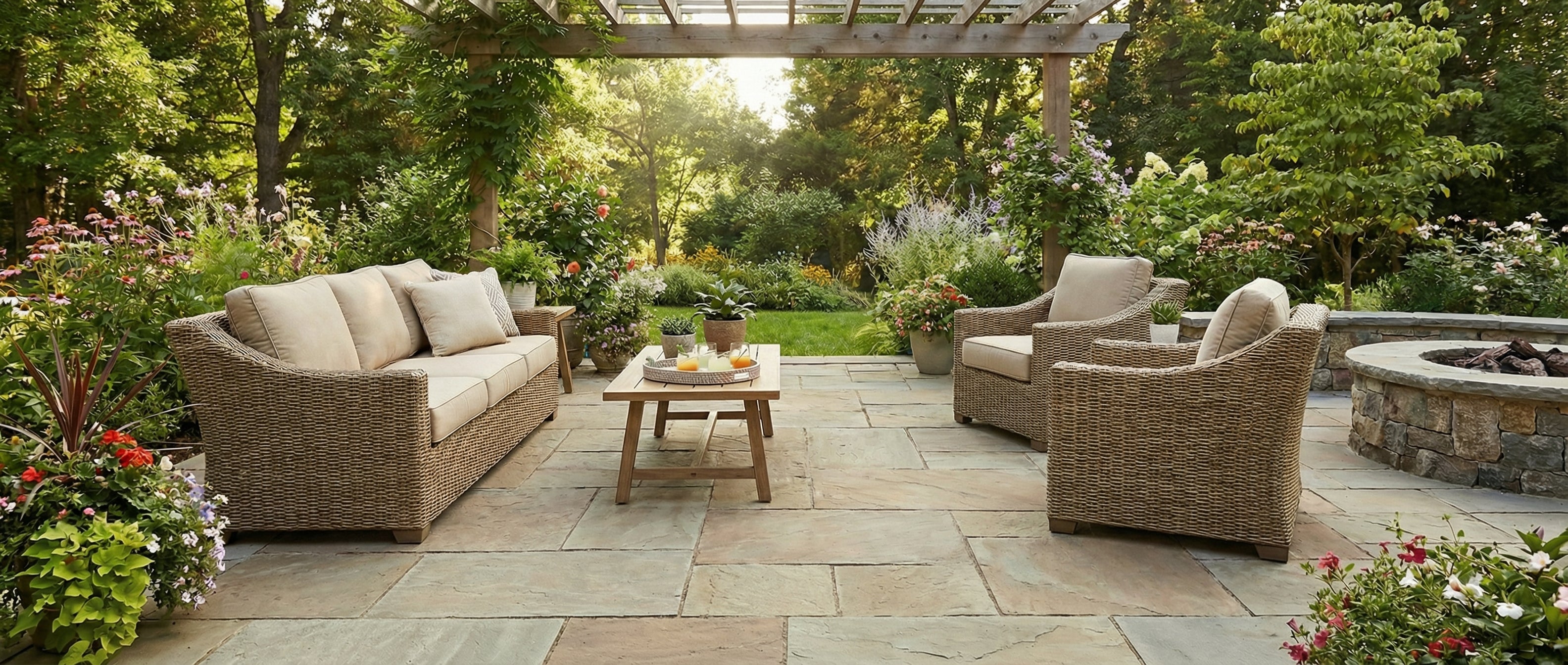 Patio avec mobilier en osier, espace vide. Potentiel déco pour tapis rectangulaire, ambiance chaleureuse