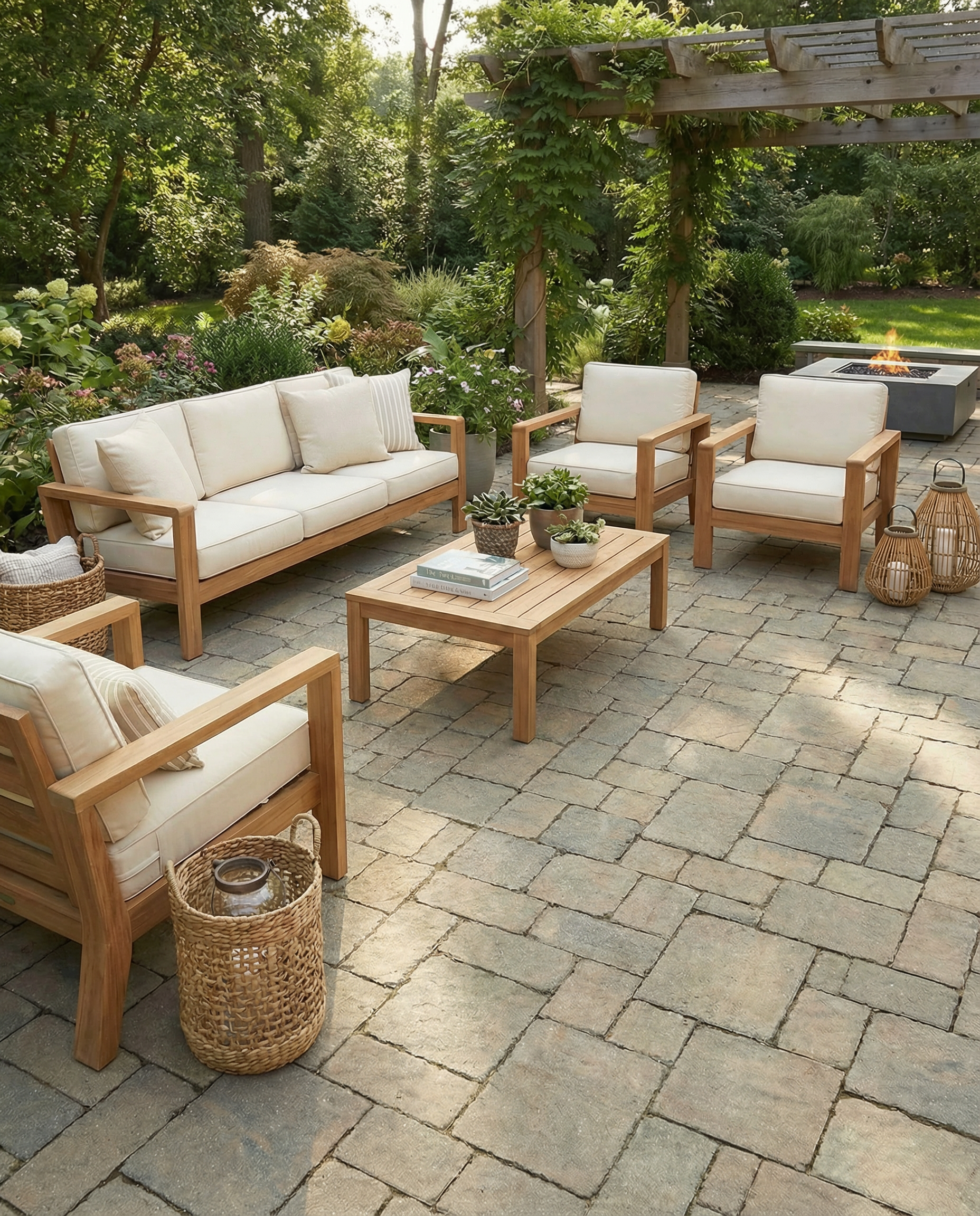 Ambiance extérieure avec mobilier en bois clair, canapé, fauteuils, table basse, pavé rectangulaire