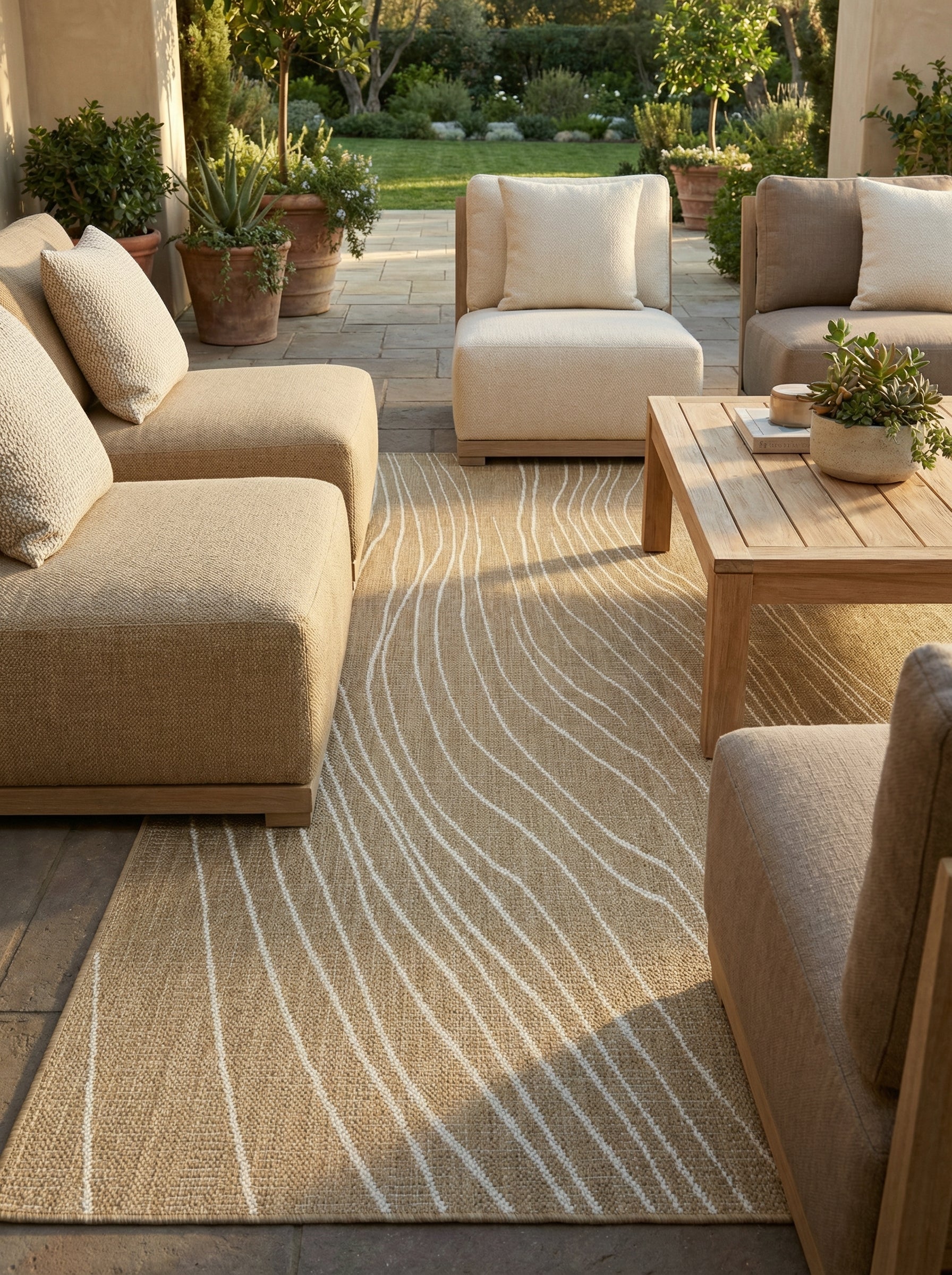 Tapis rectangulaire beige à motifs blancs ondulés, style déco bohème. Crée une ambiance chaleureuse et relaxante