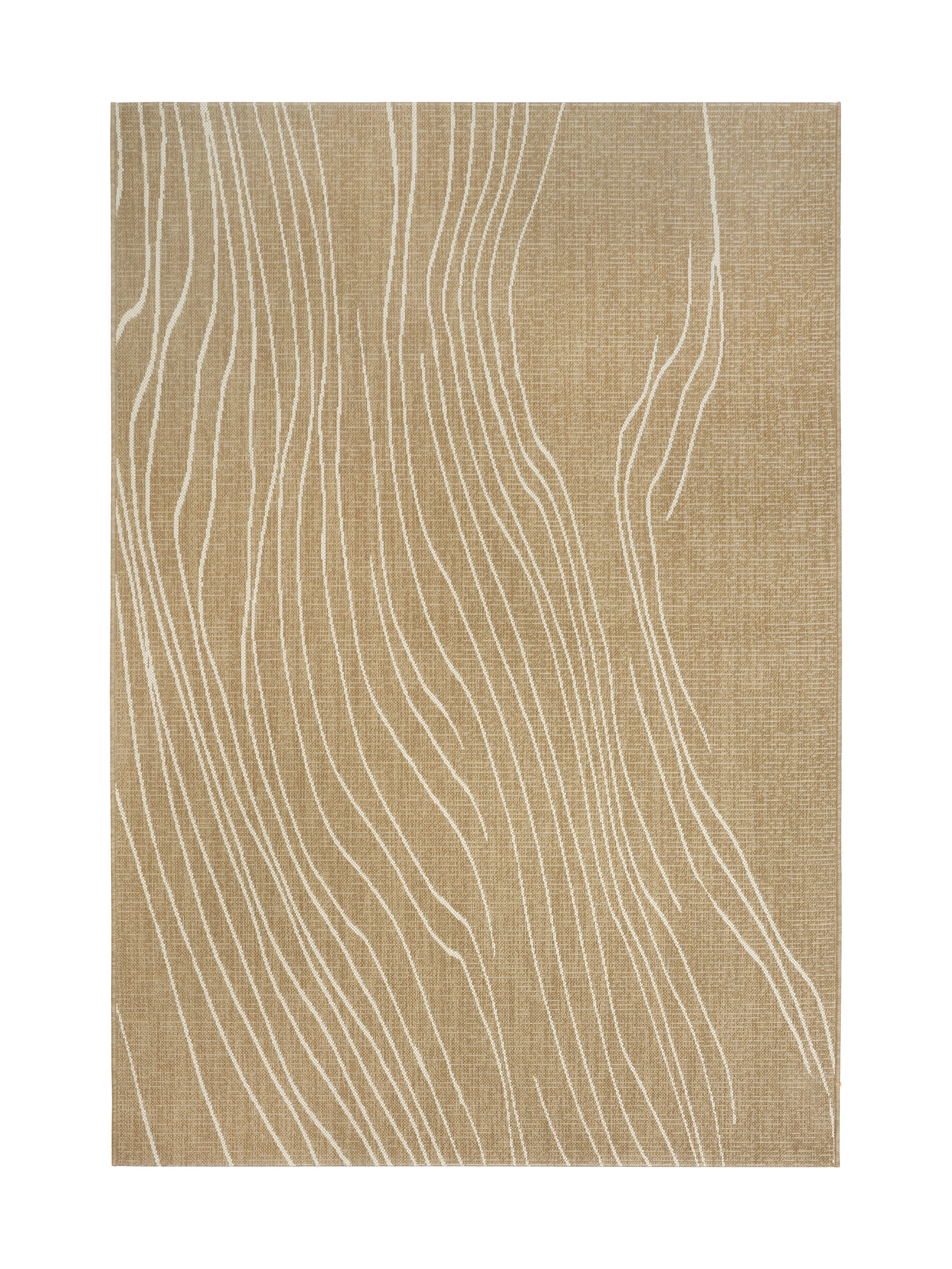 Tapis rectangulaire beige avec motif de lignes blanches ondulées, ambiance neutre