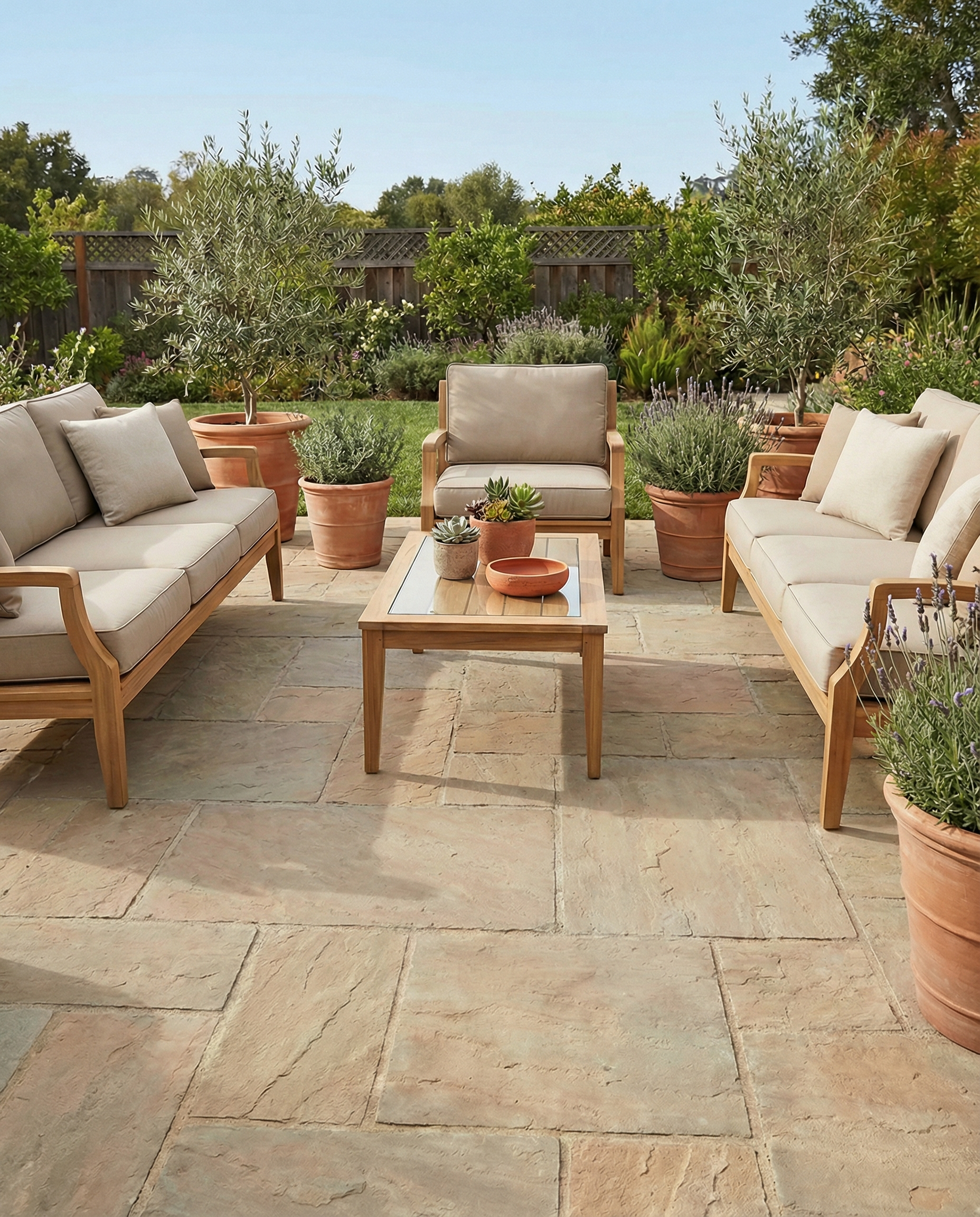 Patio extérieur avec meubles en bois et plantes en pot sur dalles rectangulaires. Ambiance ensoleillée, couleurs naturelles