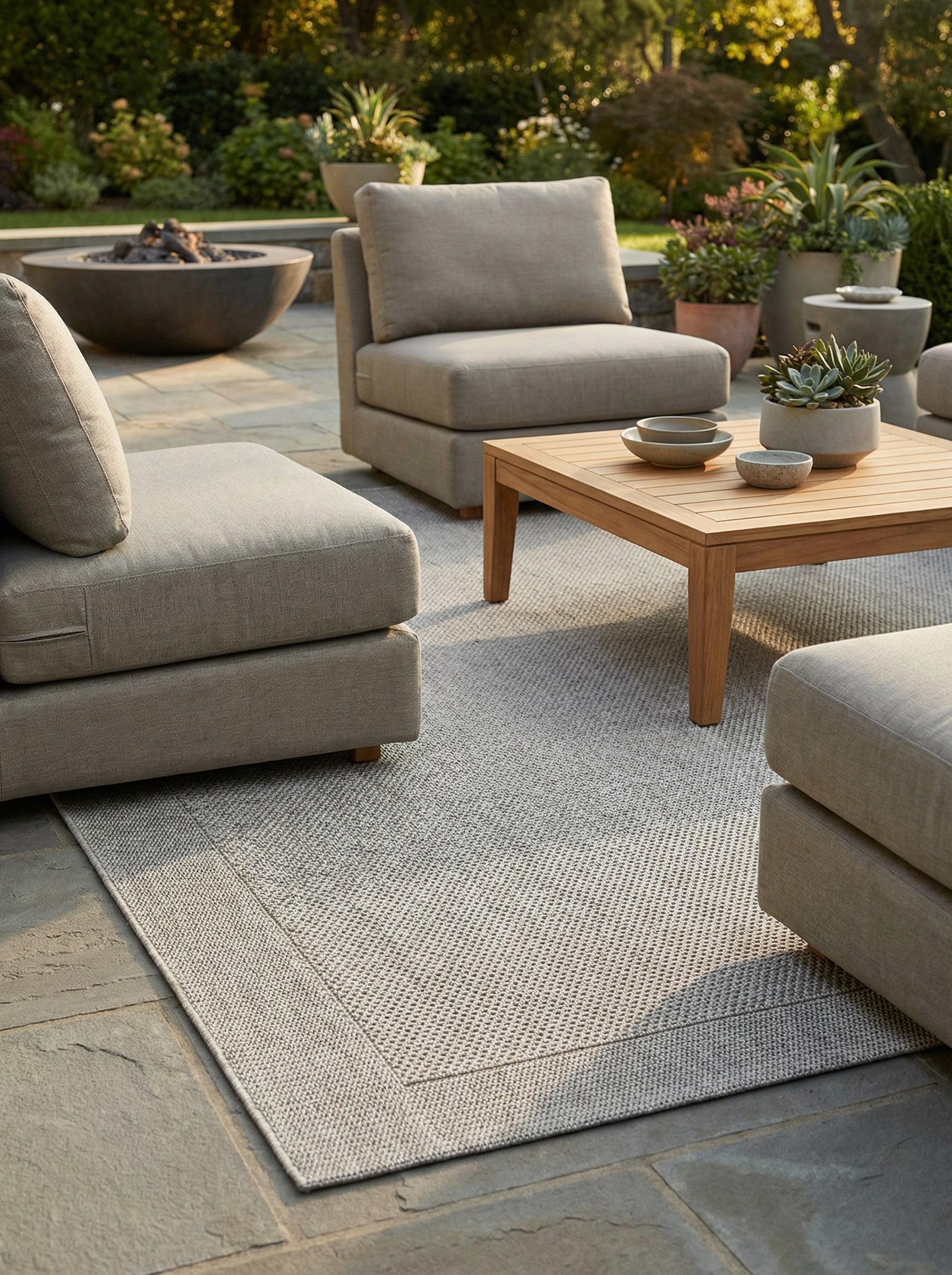 Tapis rectangulaire gris perle, style déco extérieur. Crée une ambiance chaleureuse et conviviale