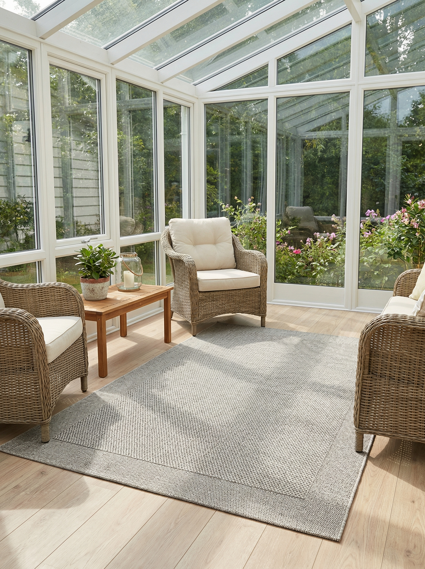 Tapis rectangulaire gris clair dans une véranda lumineuse, transition douce intérieur-extérieur