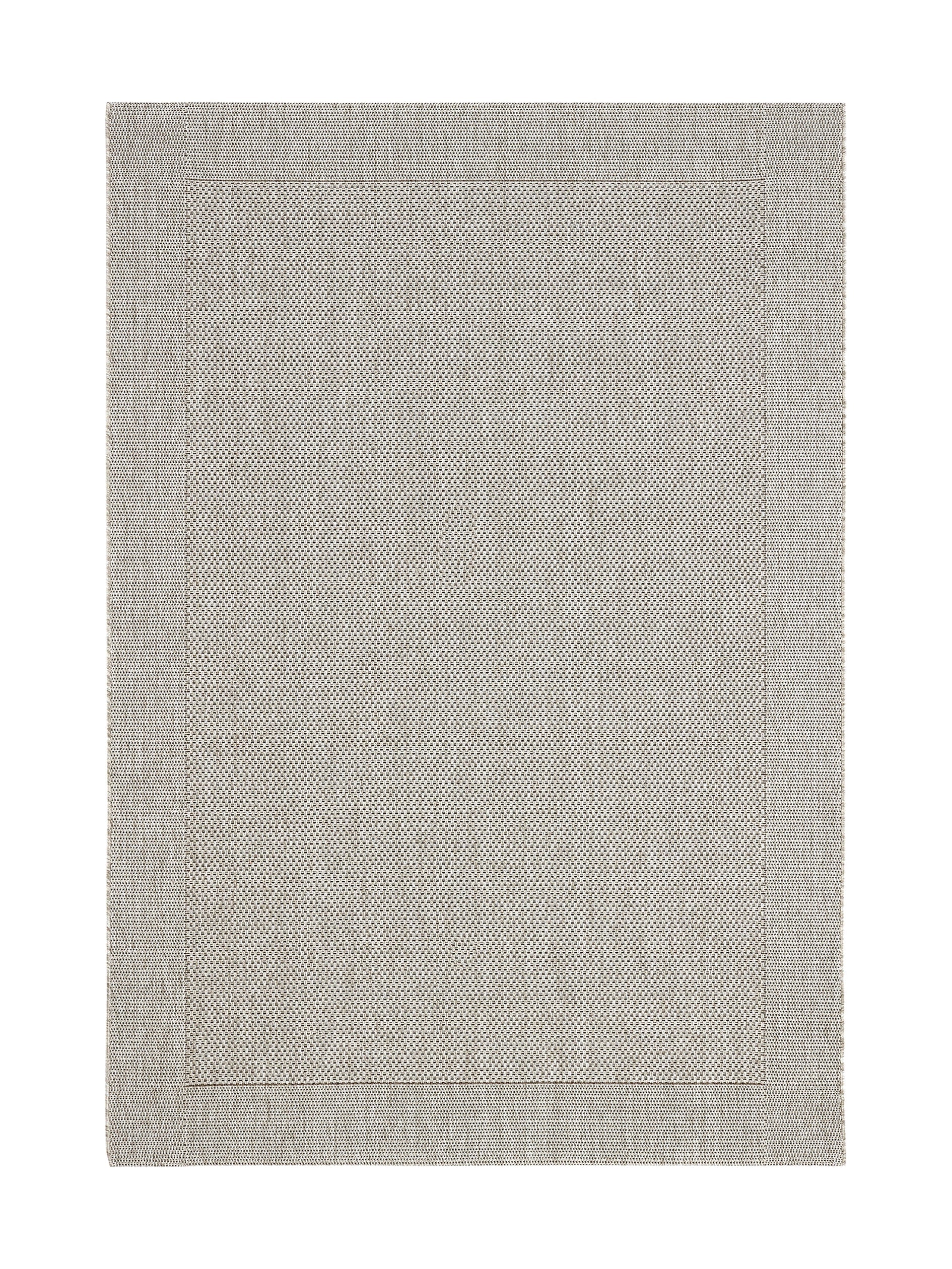 Tapis rectangulaire, motif tissé, tons gris et perle, ambiance sobre et élégante