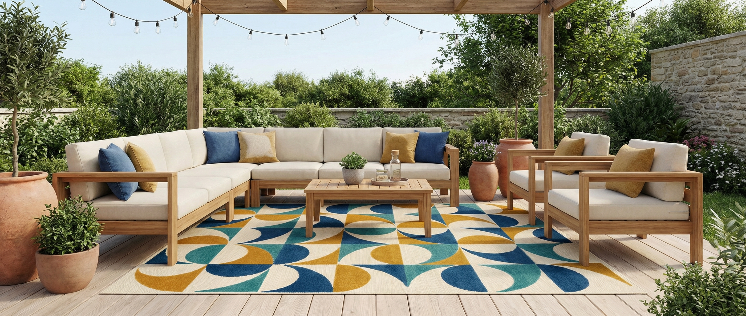 Tapis rectangulaire aux motifs géométriques bleu, jaune et crème. Il transforme la pièce et crée une ambiance harmonieuse