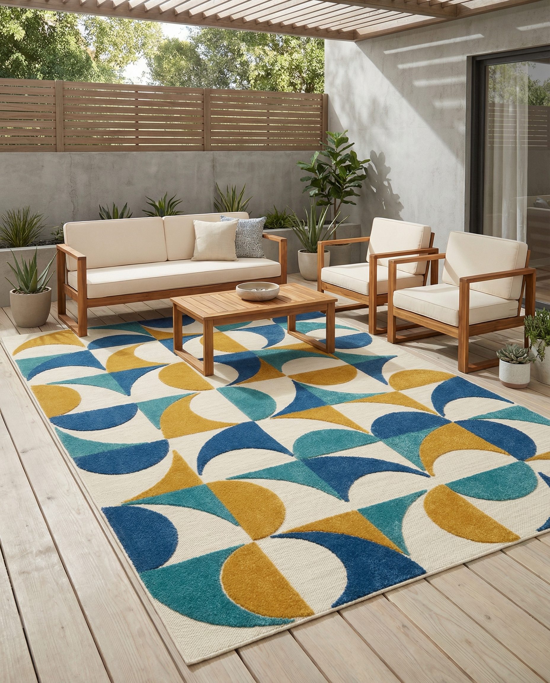 Tapis rectangulaire aux couleurs vives, créant une ambiance chaleureuse et un espace extérieur invitant