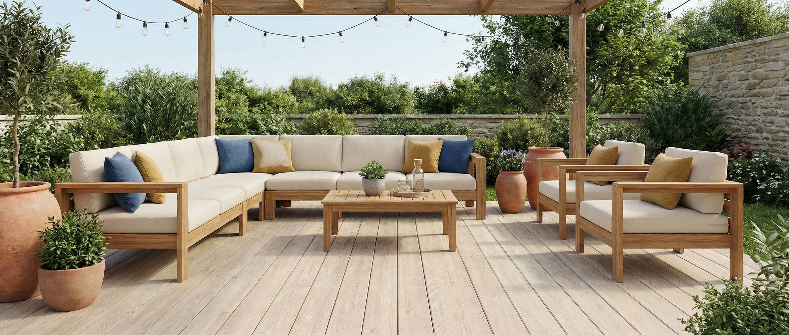 Terrasse en bois, mobilier clair, coussins colorés, espace vide. Potentiel déco pour un tapis rectangulaire. Ambiance