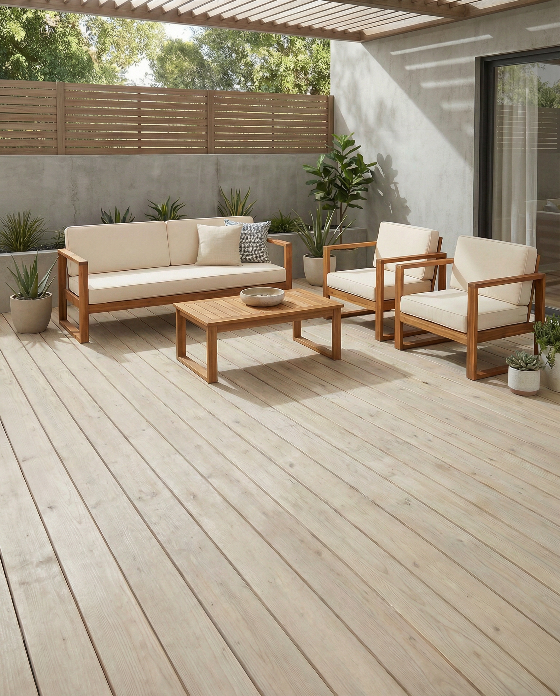 Terrasse extérieure avec mobilier en bois clair, ambiance lumineuse, plancher en bois clair, espace à transformer