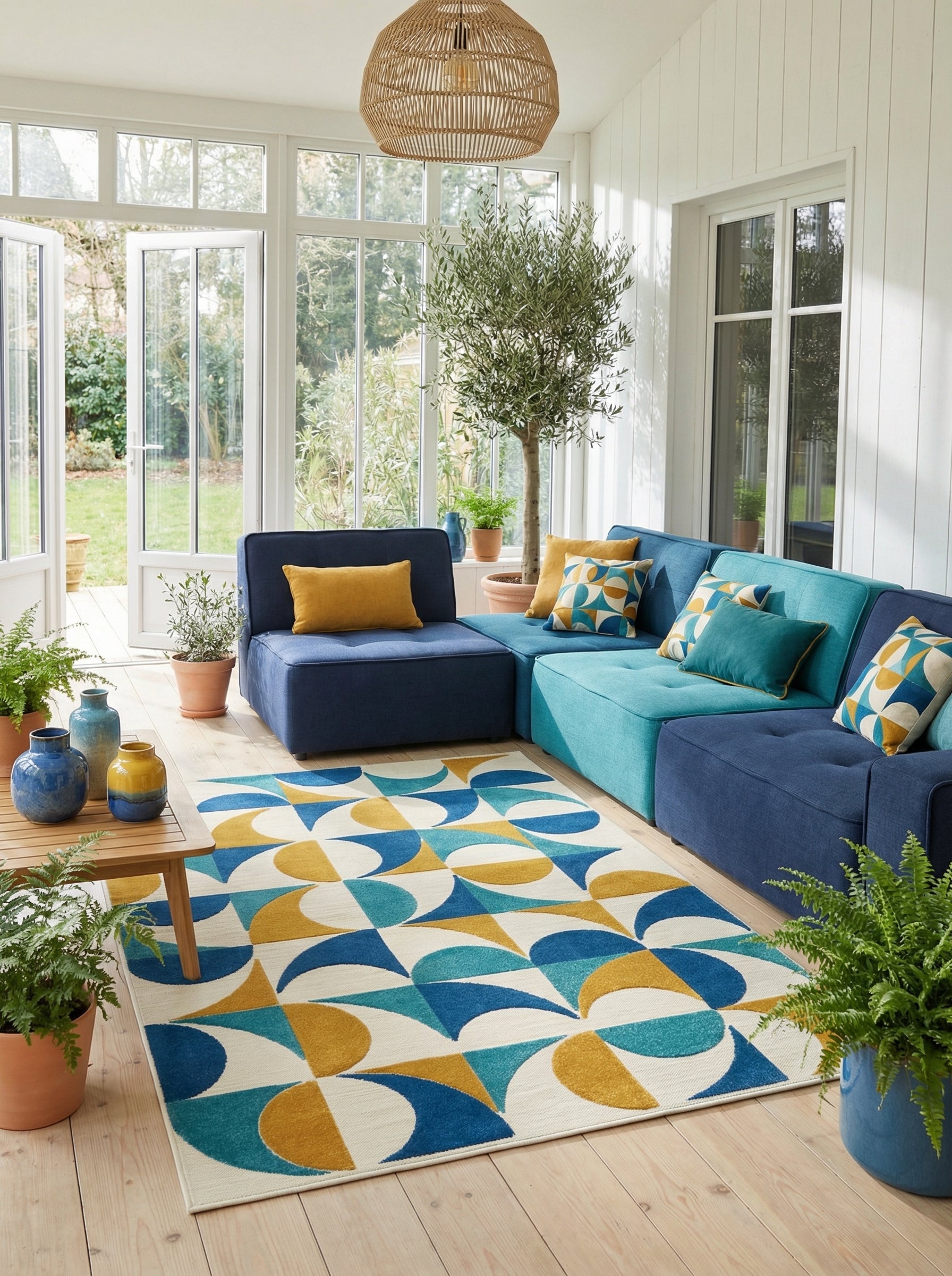 Tapis rectangulaire aux motifs géométriques bleus, jaunes et blancs dans une pièce lumineuse. Transition intérieur-extérieur