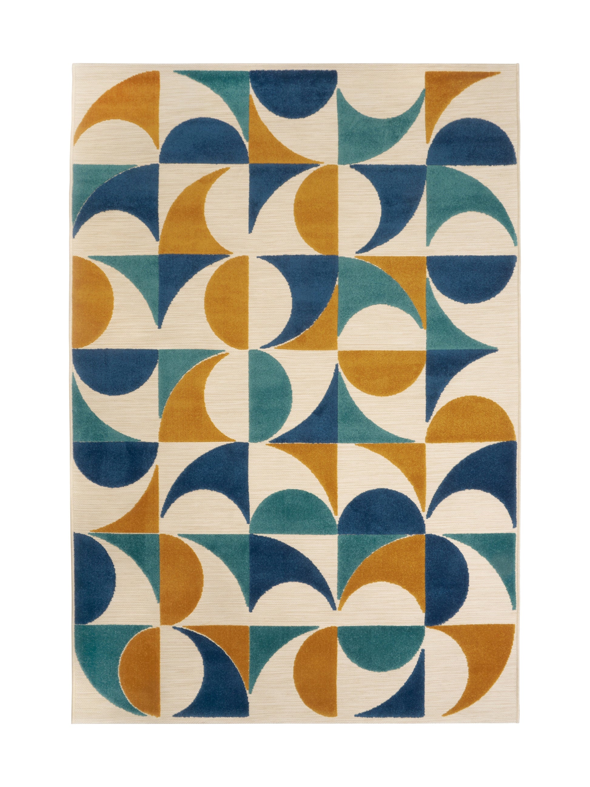 Tapis rectangulaire au motif géométrique avec des formes en bleu, vert et jaune sur fond clair