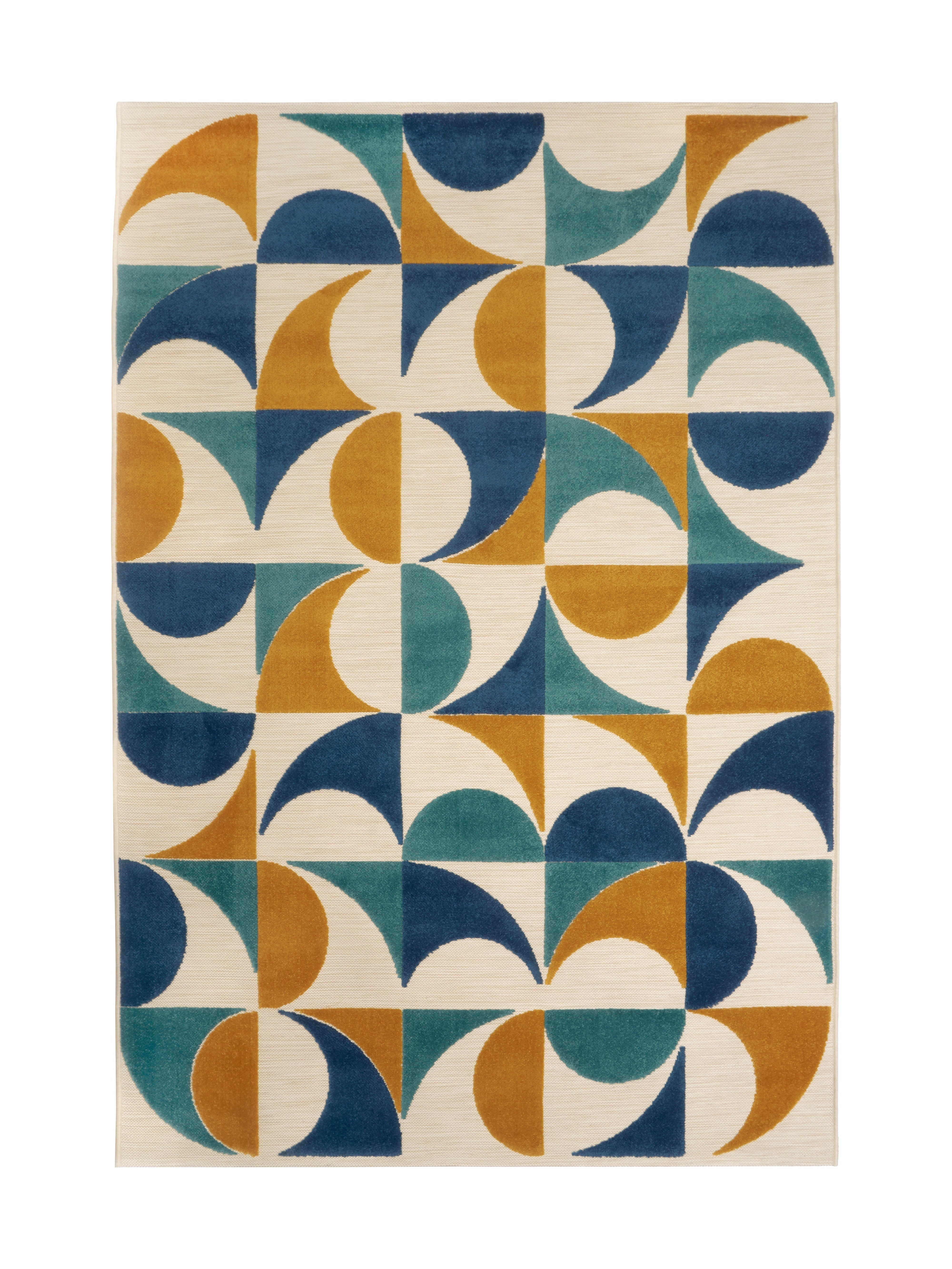 Tapis rectangulaire au motif géométrique avec des formes en bleu, vert et jaune sur fond clair