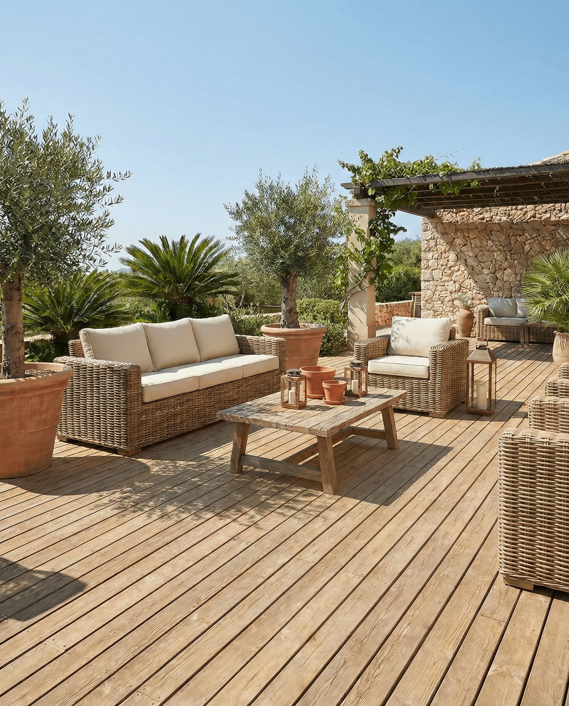 Terrasse en bois, mobilier en osier, ambiance extérieure, espace à transformer, couleurs claires, style naturel, forme