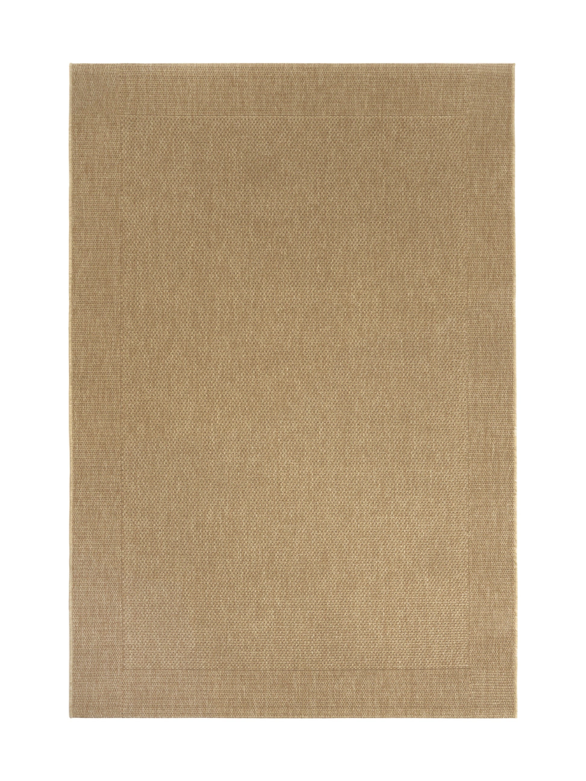 Tapis rectangulaire taupe avec motif tissé, ambiance neutre et chaleureuse