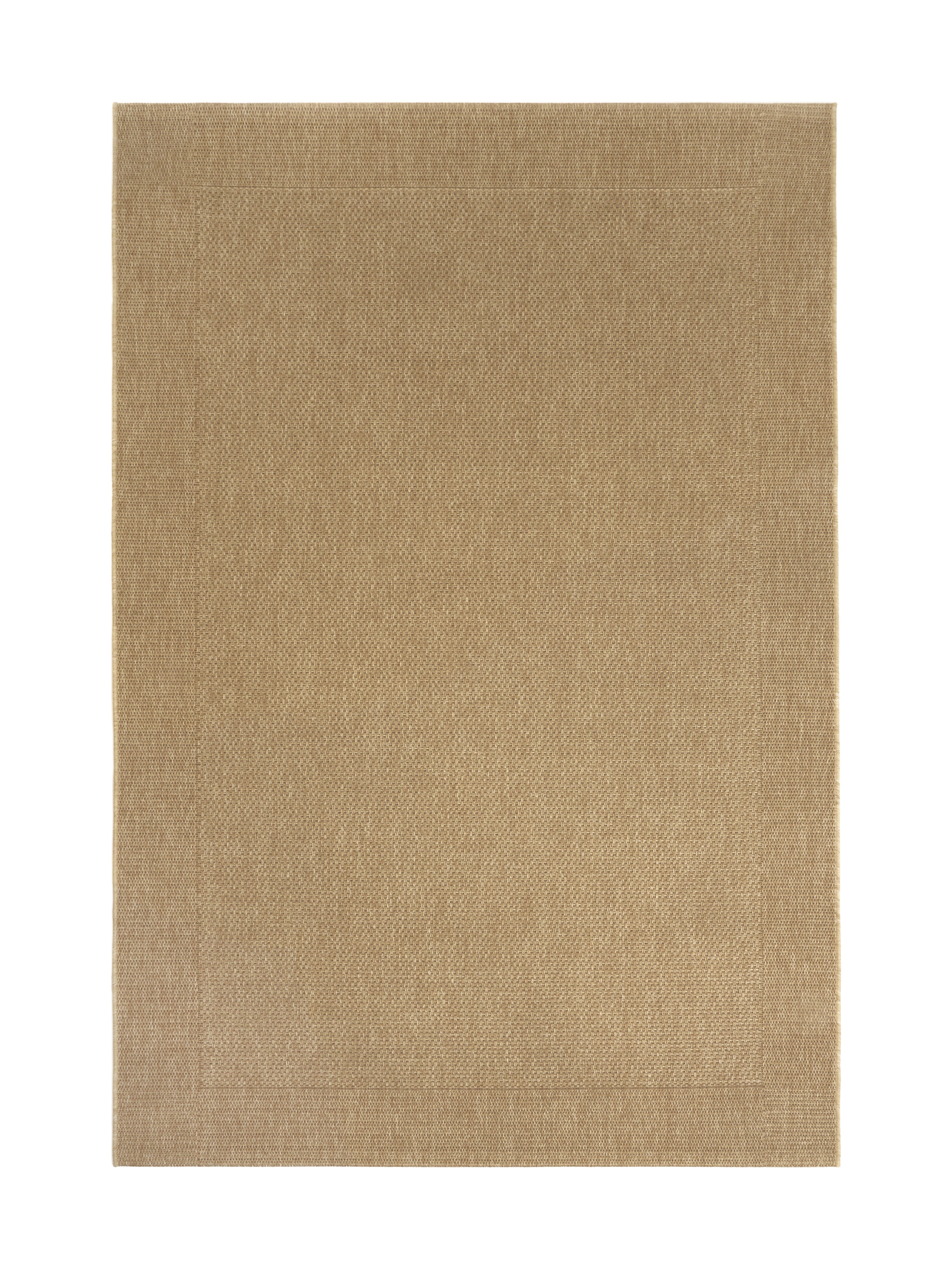 Tapis rectangulaire taupe avec motif tissé, ambiance neutre et chaleureuse