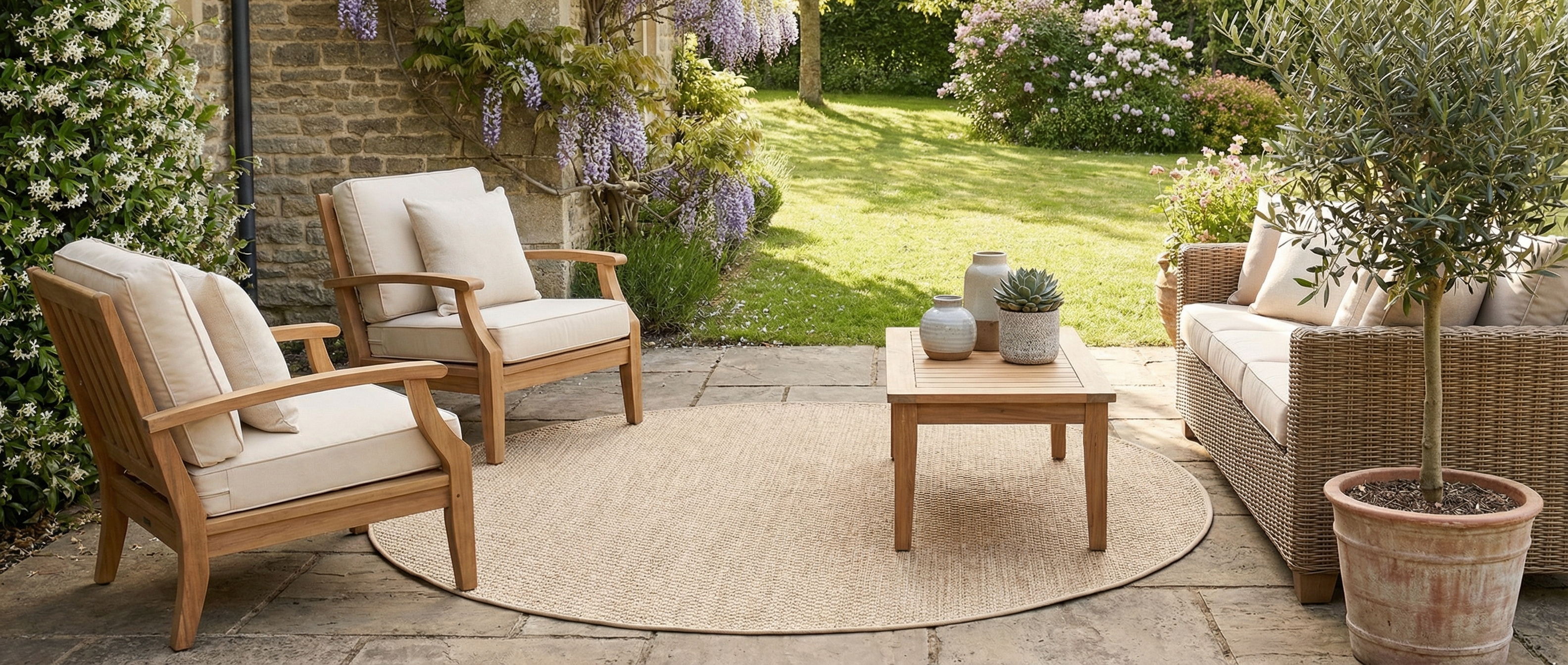 Transformation par un tapis rond beige. Il crée une harmonie chaleureuse dans la pièce, ambiance naturelle